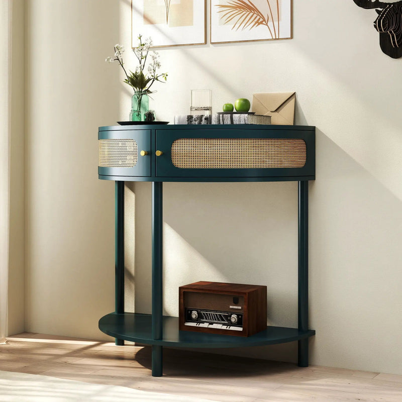 Boho Rattan Semi Circle End Table With Sliding Rattan Door, Storage And Bottom Shelf by HouseOfZazla