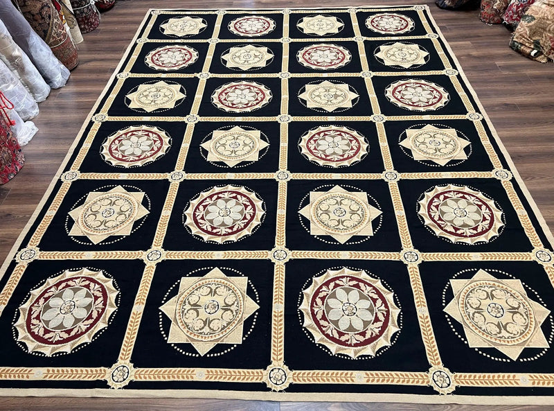 Large Needlepoint Rug 10x13, Panel Design, Black and Beige, Wool Needlepoint Carpet 10 x 13, English Garden, Handwoven Area Rug, Living Room by Jewel Rugs