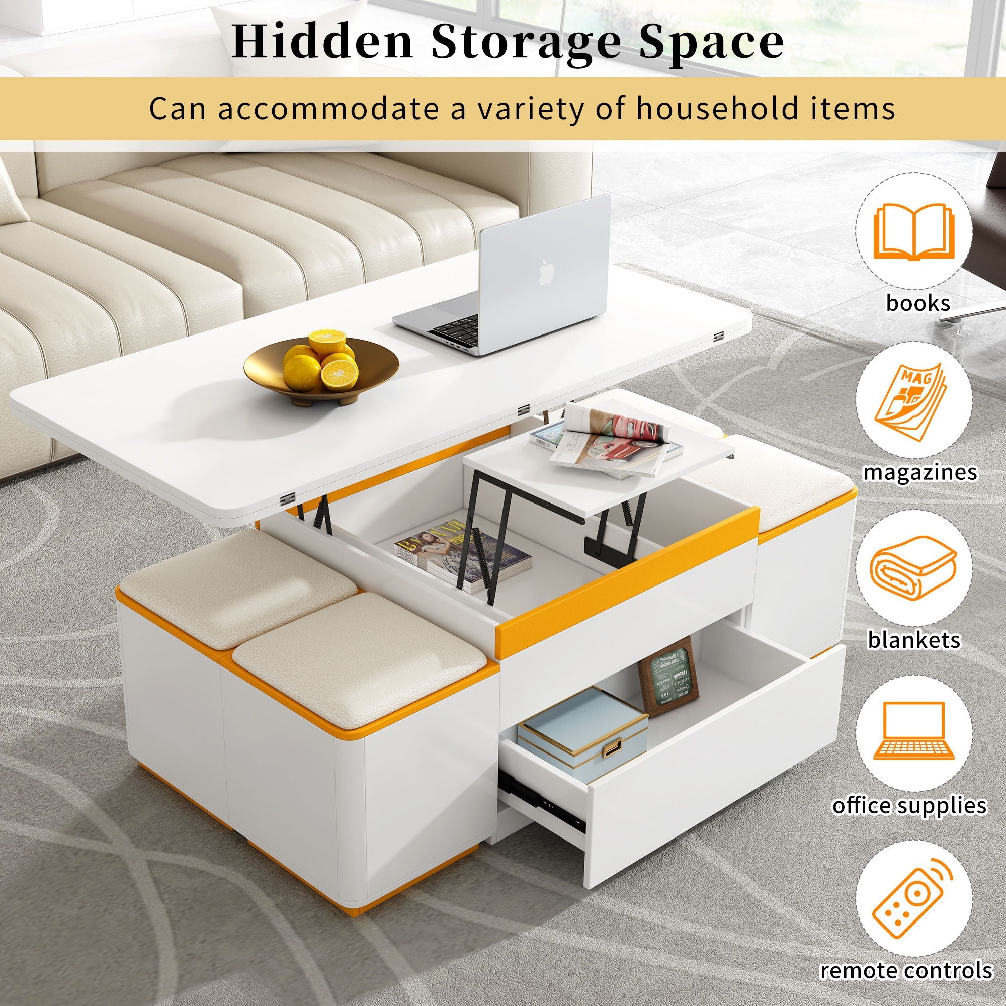 Lift Top Coffee Table With 4 Storage Stools