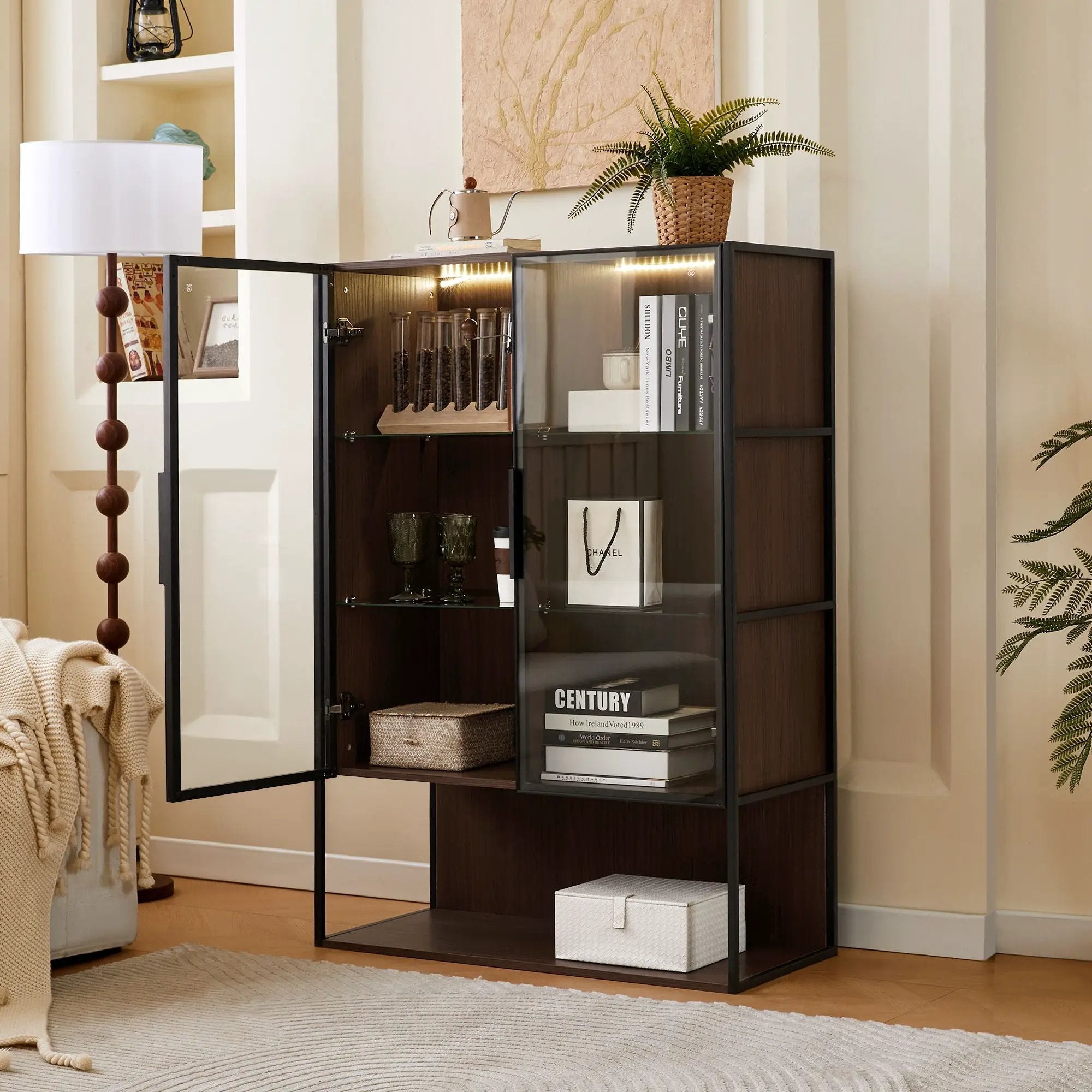 Modern Minimalist Tall Lighted Display Cabinet With Tempered Glass Door - Black / Dark Walnut by Unique Piece Furniture