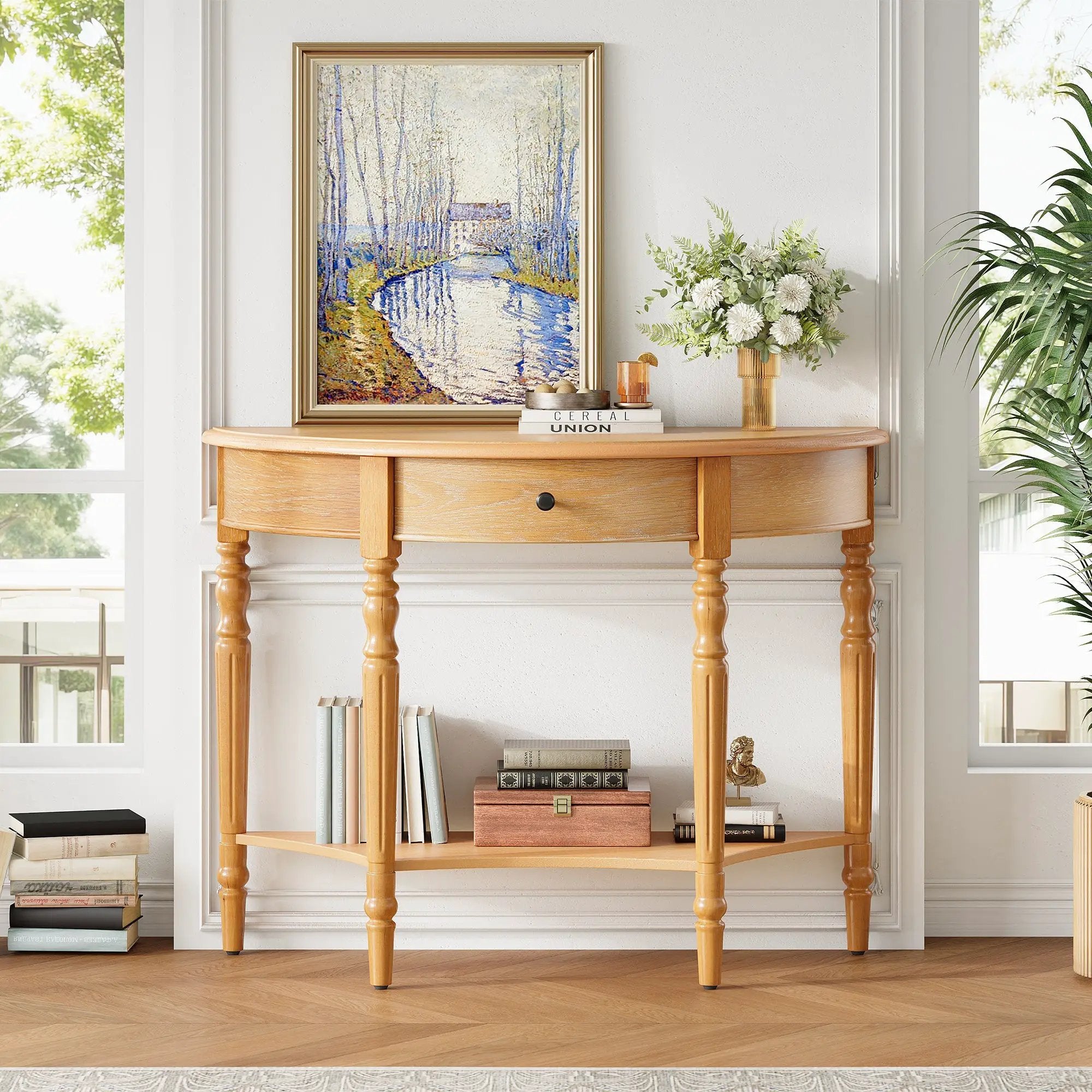TREXM Farmhouse Half Moon Console Table with Drawer & Shelf by HouseOfZazla