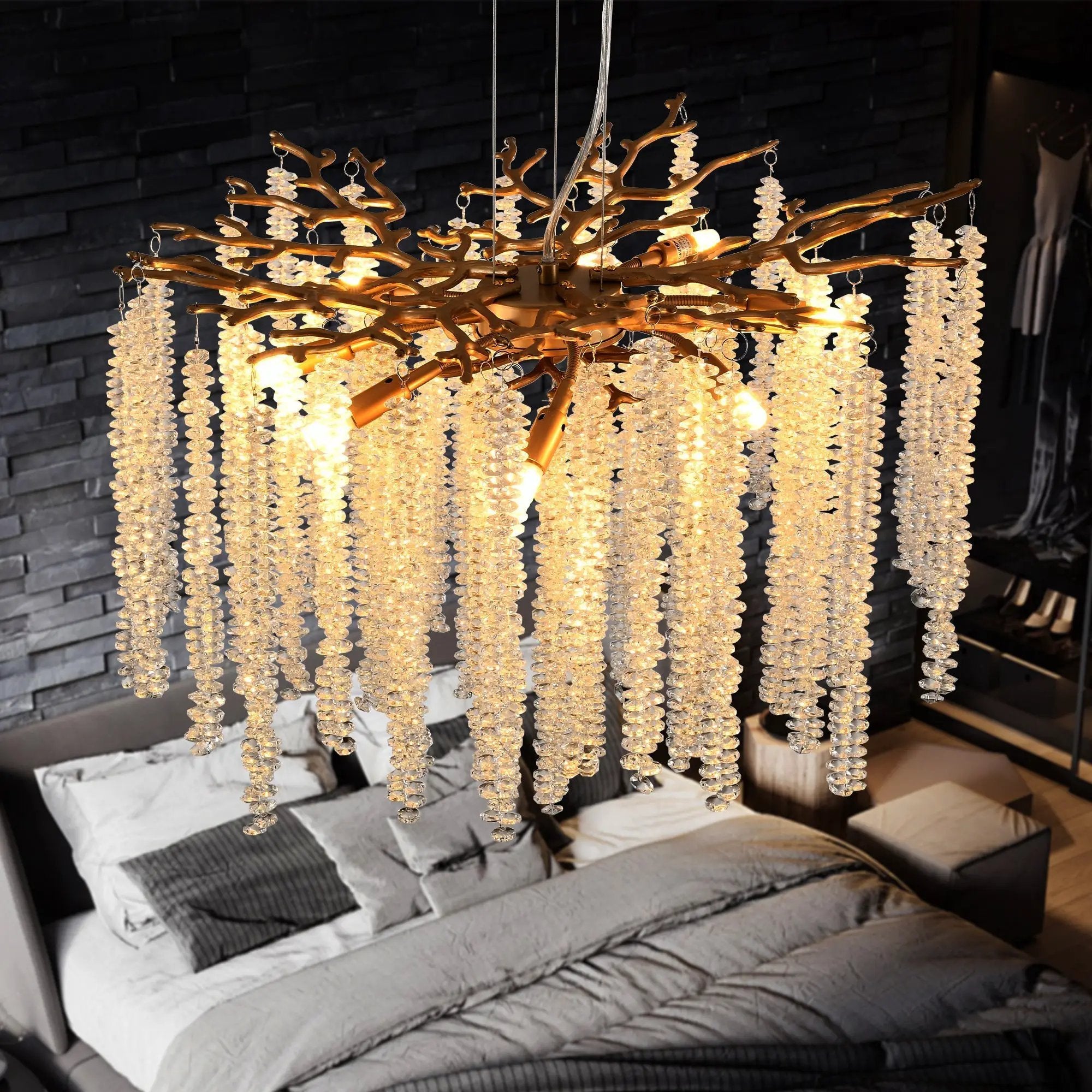 24-inch Modern Golden Pendant Light with Cascading Crystal Strands by HouseOfZazla