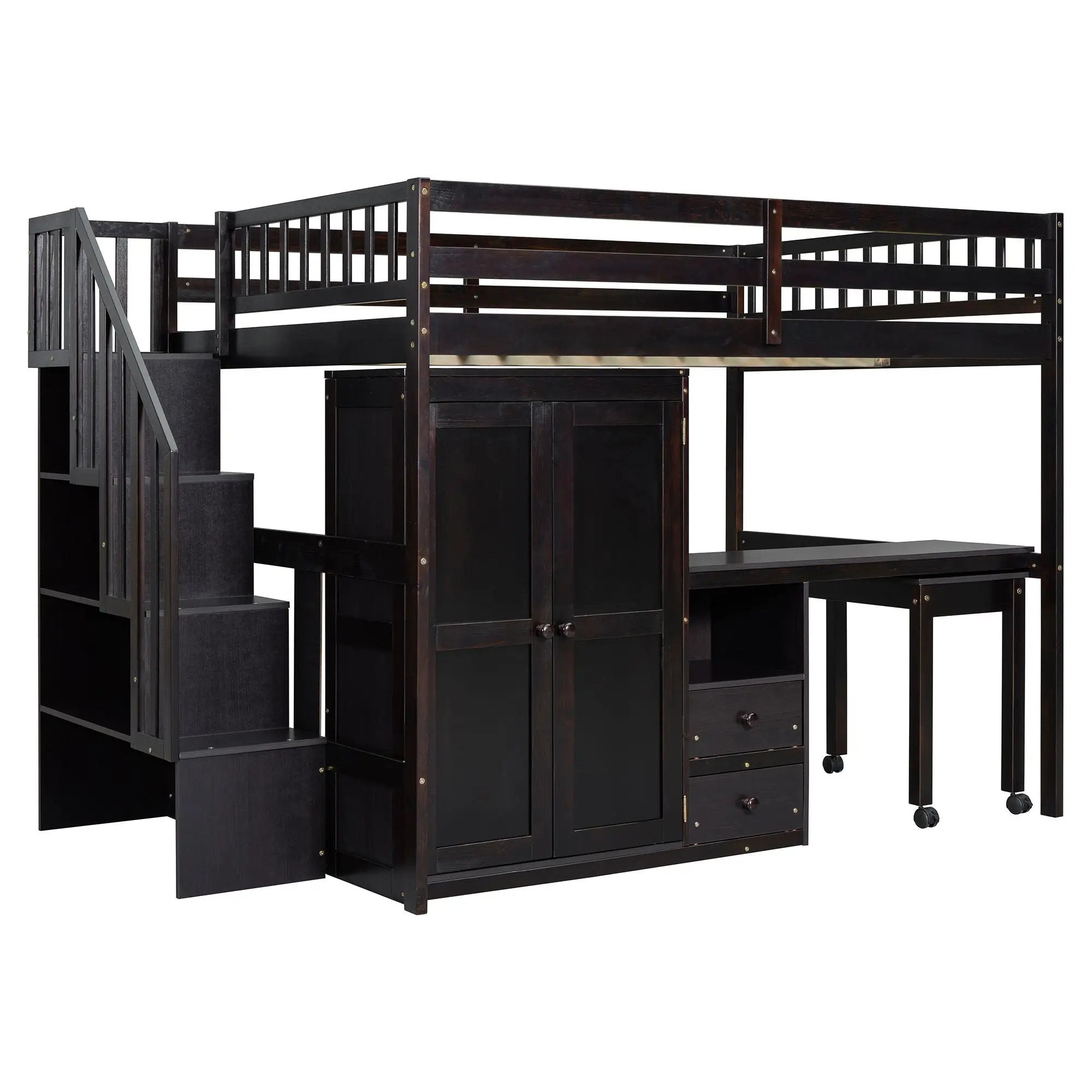 Loft Bed With Stairs, Bookshelf, Drawers, Desk & Wardrobe, Space Saving Multifunctional Furniture by HouseOfZazla