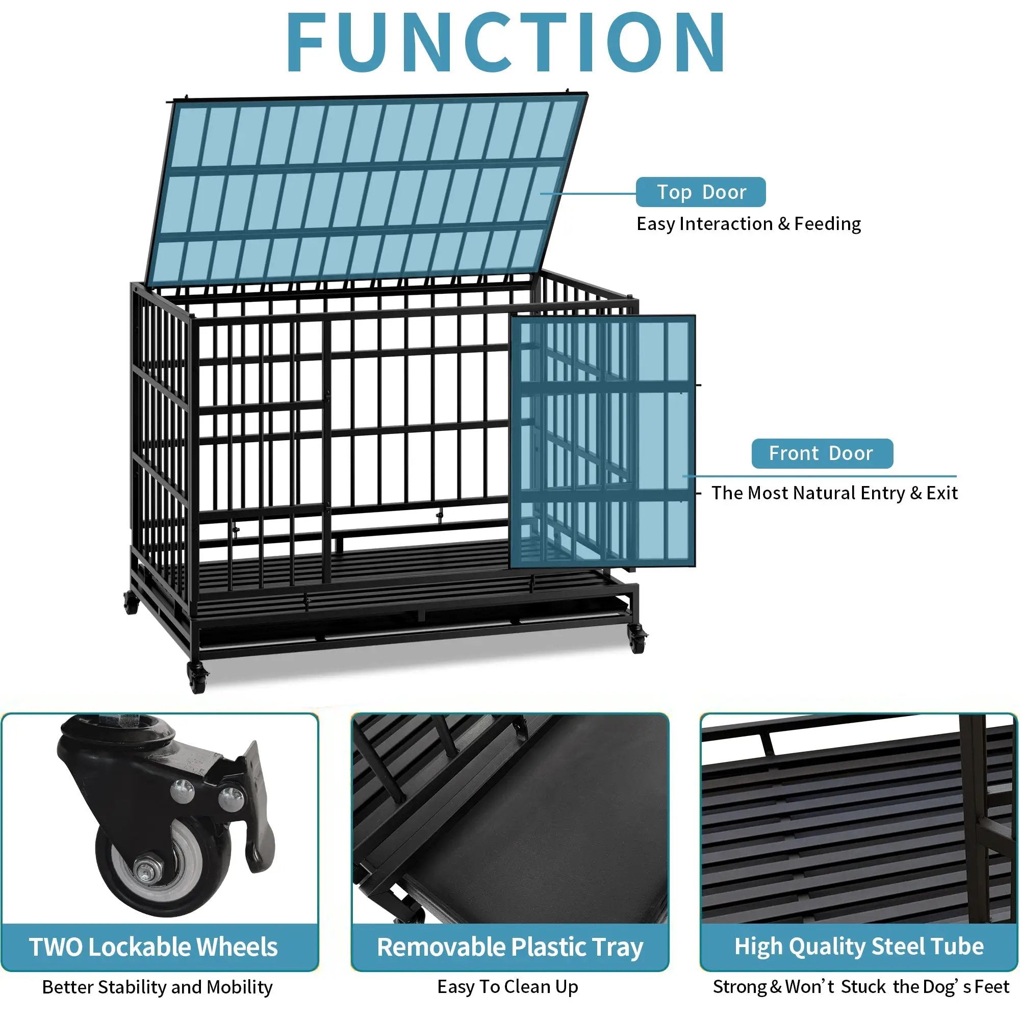 48 Inch Heavy Duty Indestructible Dog Crate with Wheels by HouseOfZazla
