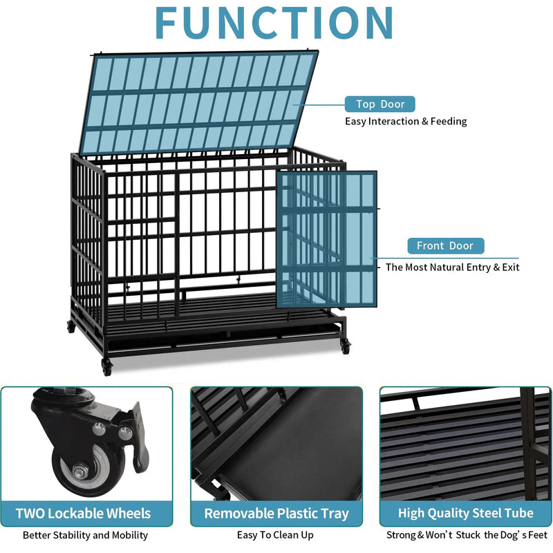 48 Inch Heavy Duty Indestructible Dog Crate with Wheels by HouseOfZazla