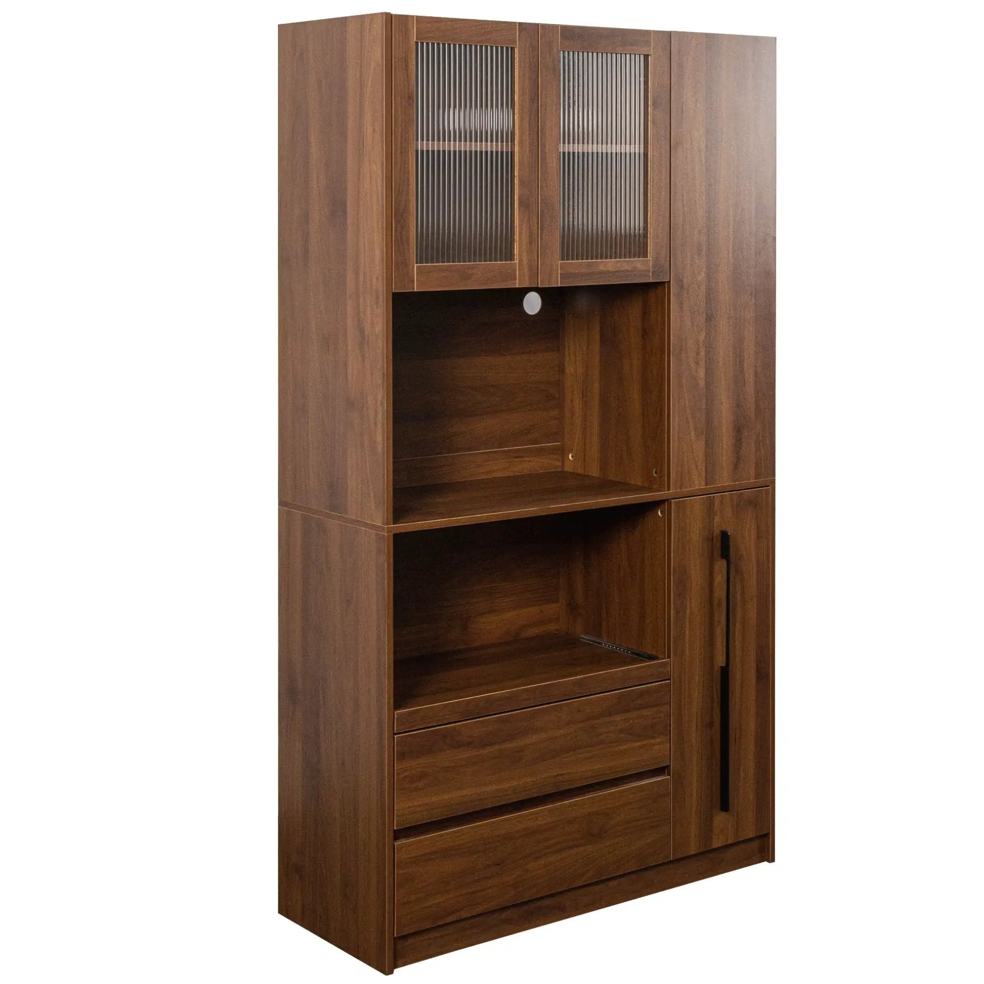 Tall Kitchen Pantry Cabinet With 4 Tier Side Shelf, 2 Drawers, Freestanding Food Hutch With Microwave Stand For Dining Room - Walnut by HouseOfZazla