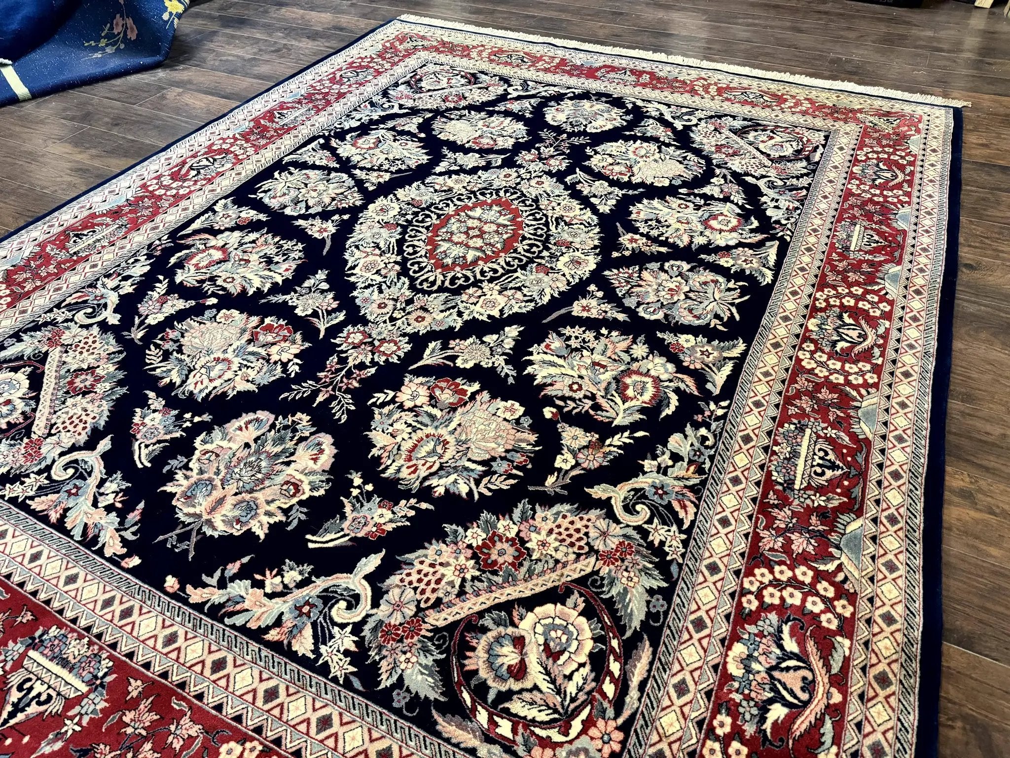 Sino Persian Rug 8x10, Floral Kirman Carpet, Navy Blue and Red, Floral Vases, Handmade Vintage Wool Carpet, 320 KPSI by Jewel Rugs