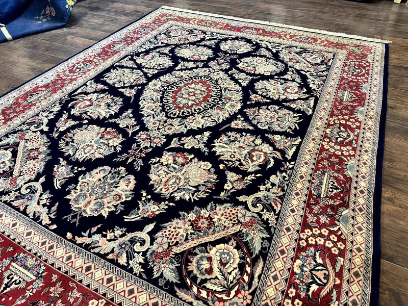 Sino Persian Rug 8x10, Floral Kirman Carpet, Navy Blue and Red, Floral Vases, Handmade Vintage Wool Carpet, 320 KPSI by Jewel Rugs