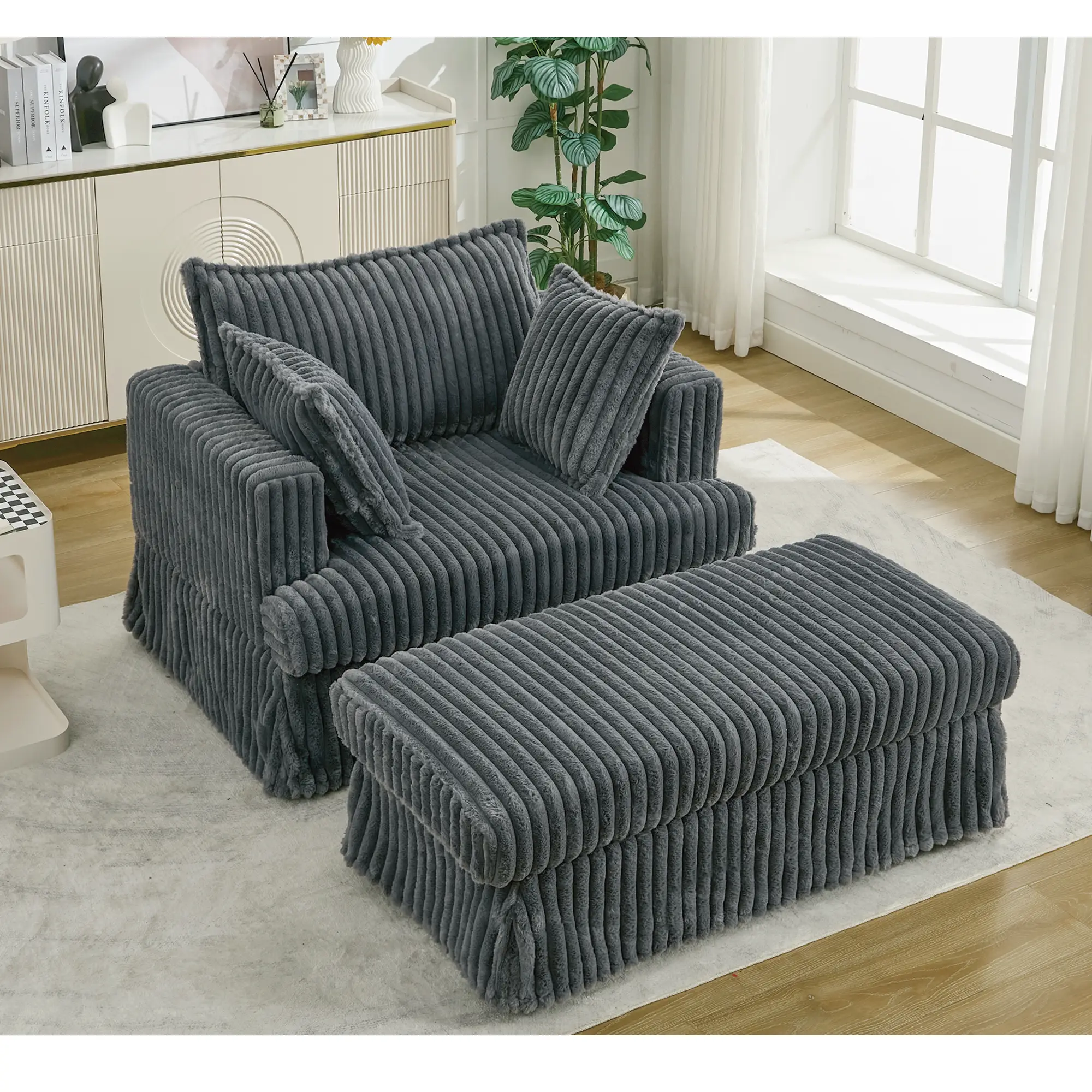 Oversized Corduroy Chaise Lounge with Ottoman in Dark Gray by HouseOfZazla