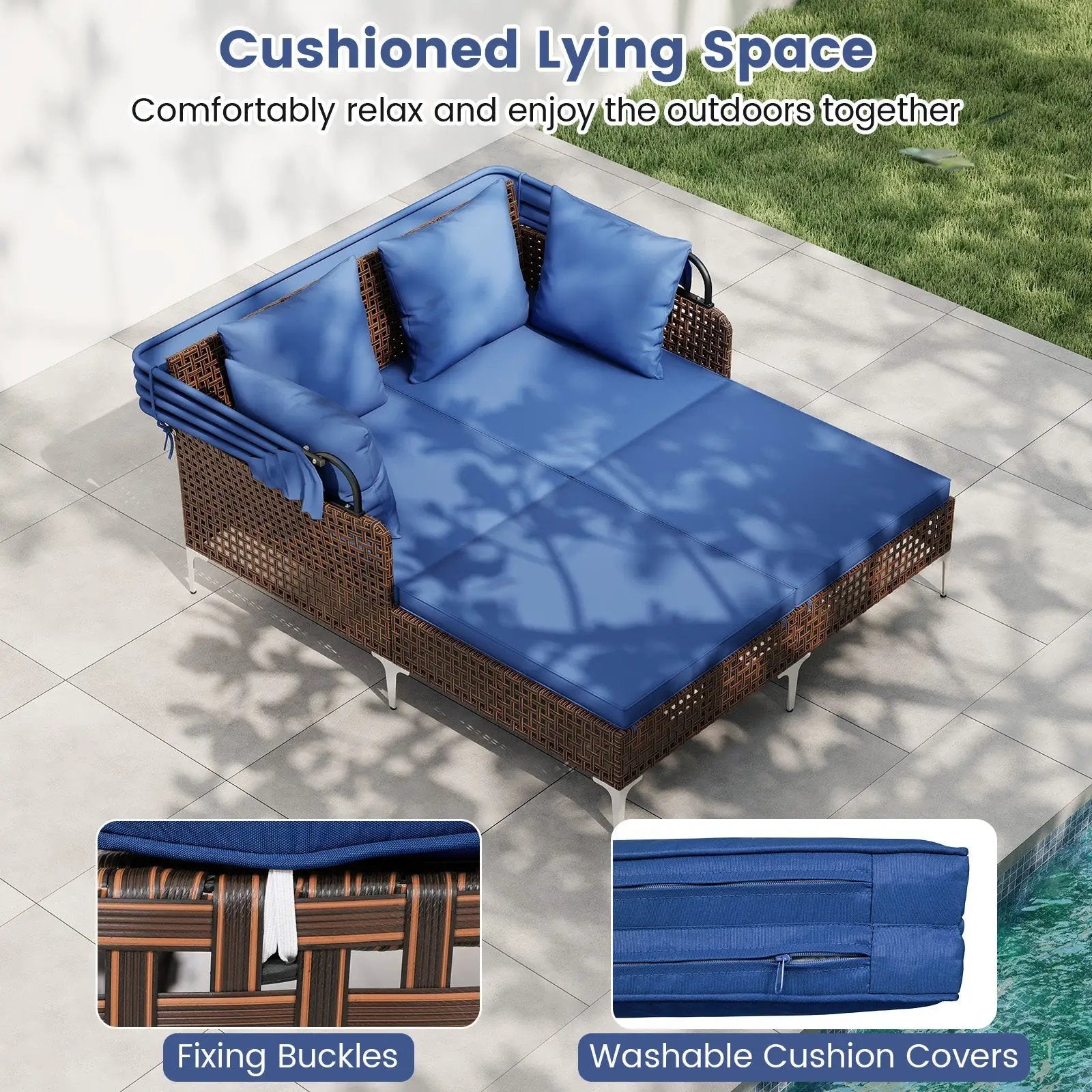 Outdoor Daybed with Retractable Canopy PE Wicker Rattan Patio Lounger by DirectDeals