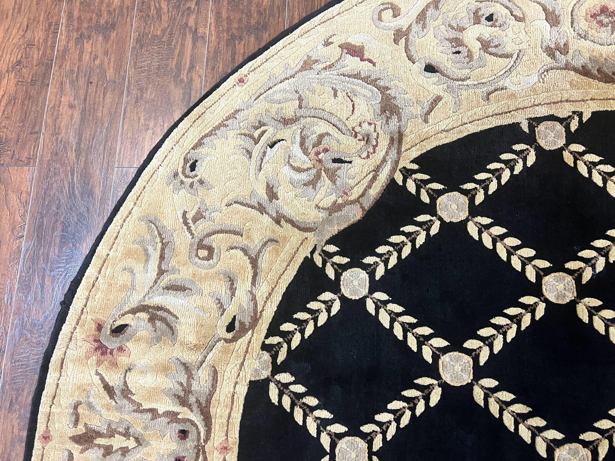 Oval Tibetan Rug 8x10, French Aubusson Design, Wool Handmade Vintage Carpet, Black & Beige, Soft Wool Pile by Jewel Rugs