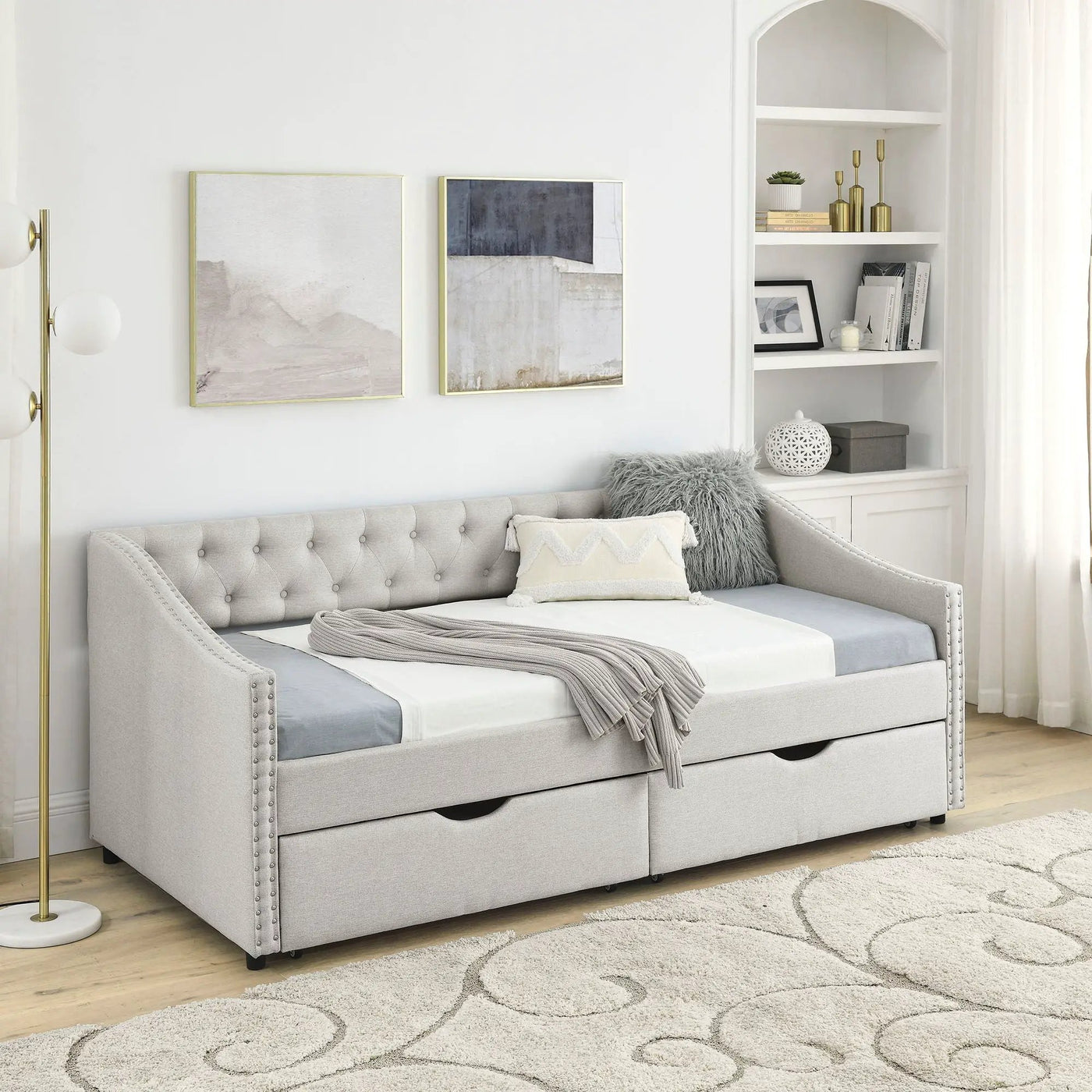 Upholstered Tufted Daybed With 2 Drawers, Waved Arms by Unique Piece Furniture