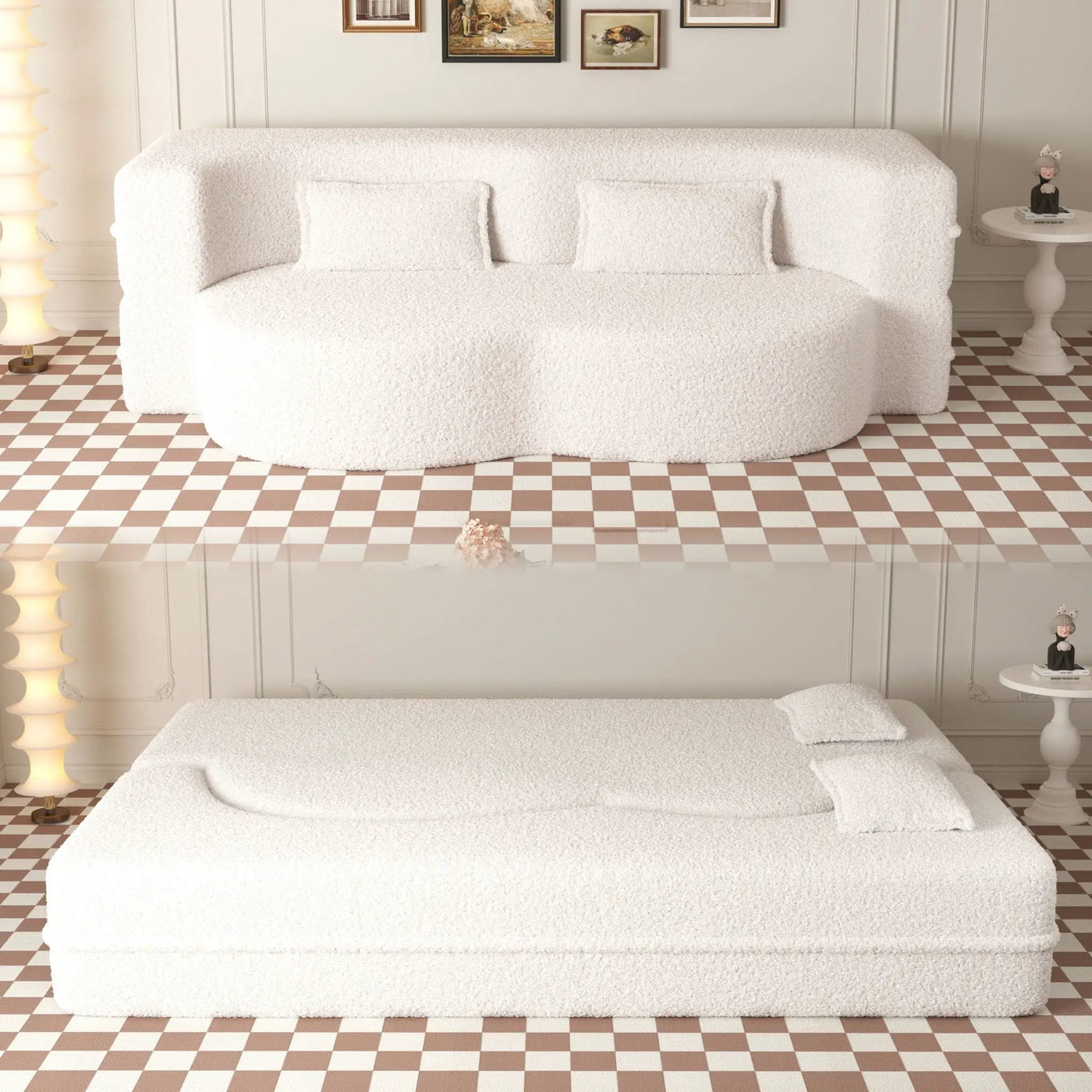 Modern Floor Sofa With Two Pillows Convertible Teddy Fabric Foam Filled Bed by HouseOfZazla