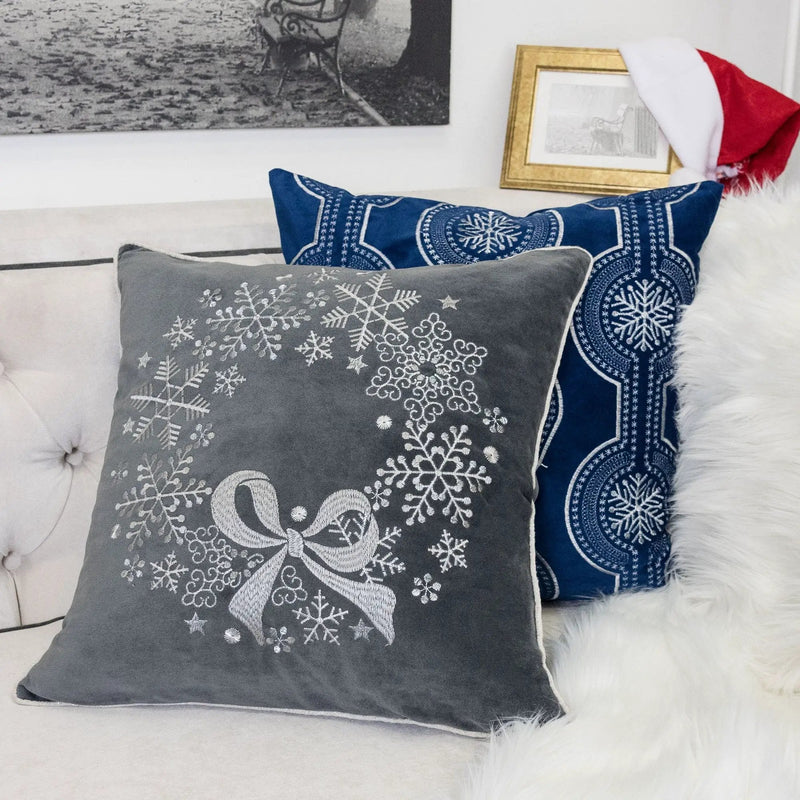 Gray Velvet Holiday Throw Pillow with Snowflake Wreath Embroidery by HouseOfZazla