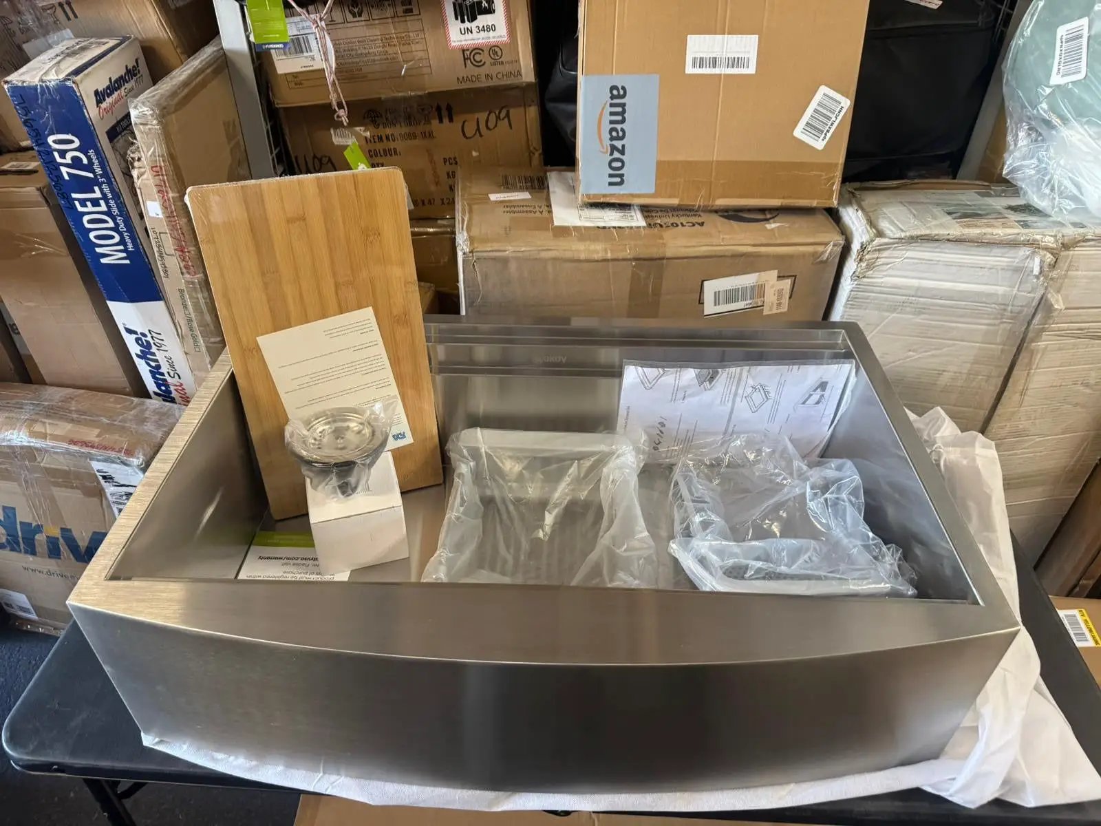 Open Box AKDY Handmade Farmhouse Apron Front 33 in. x 22 in. Single Bowl Stainless Steel Workstation Kitchen Sink with Accessories by Selzalot