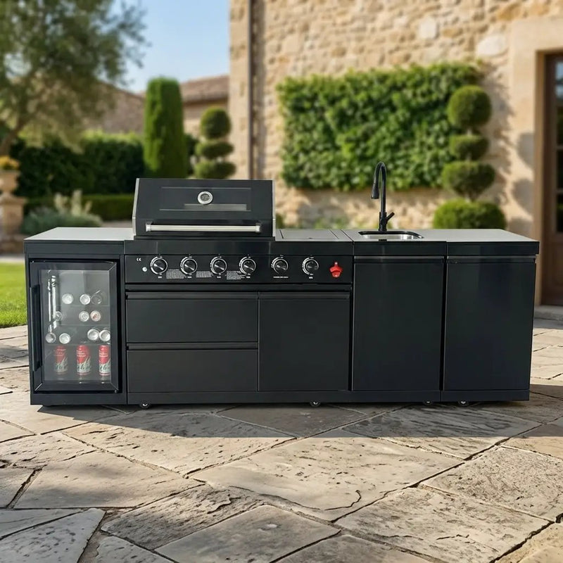 104" 4-Burner 72,000 BTU Black Outdoor Kitchen Bar Barbecue Island Grill + Wine Cooler + Sink by Chery Industrial