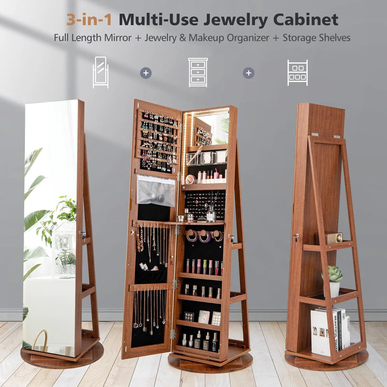 360° Rotating Mirrored Jewelry Cabinet Armoire 3 Color LED Modes Lockable by DirectDeals