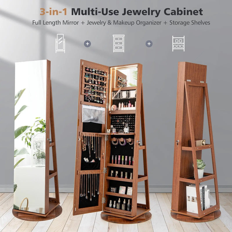 360° Rotating Mirrored Jewelry Cabinet Armoire 3 Color LED Modes Lockable by DirectDeals