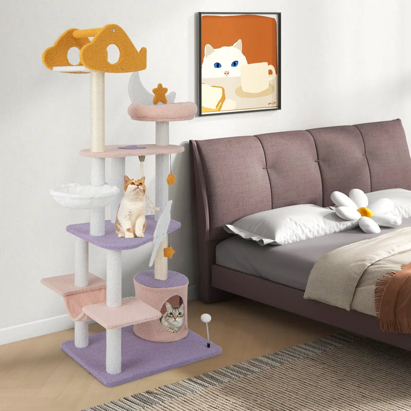 66 Inch Cute Cat Tree Cats Multi-level Tall Cat Tower with Sisal Covered Scratching Posts-Purple by DirectDeals