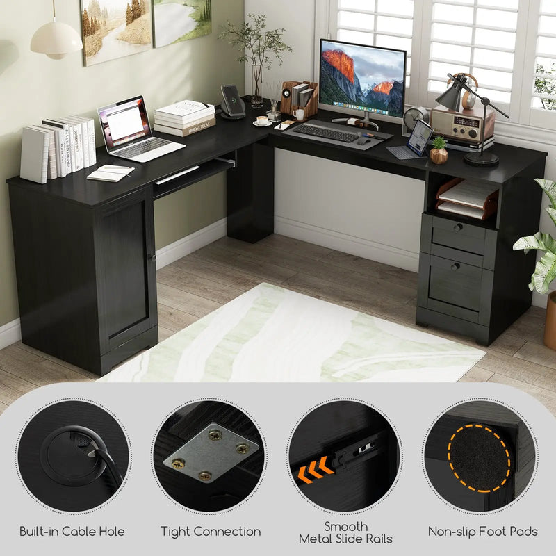 66 Inch L-Shaped Writing Study Workstation Computer Desk with Drawers by DirectDeals