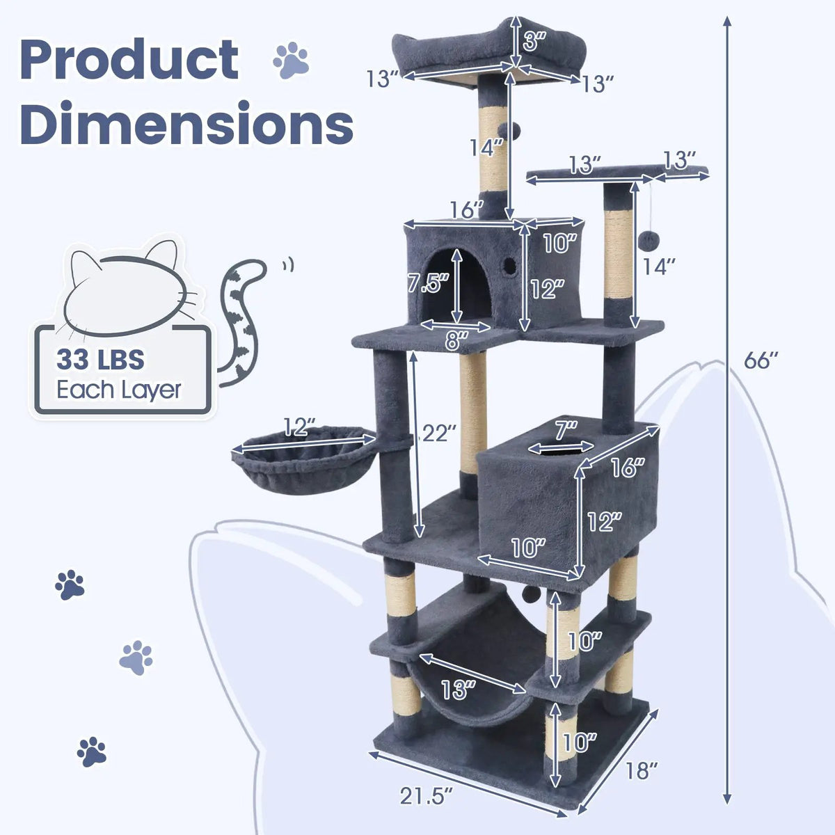 66 Inch Tall Cat Tree Multi-Level Cat Tower with 2 Condos Sisal Scratching Posts, photo 20 of 32