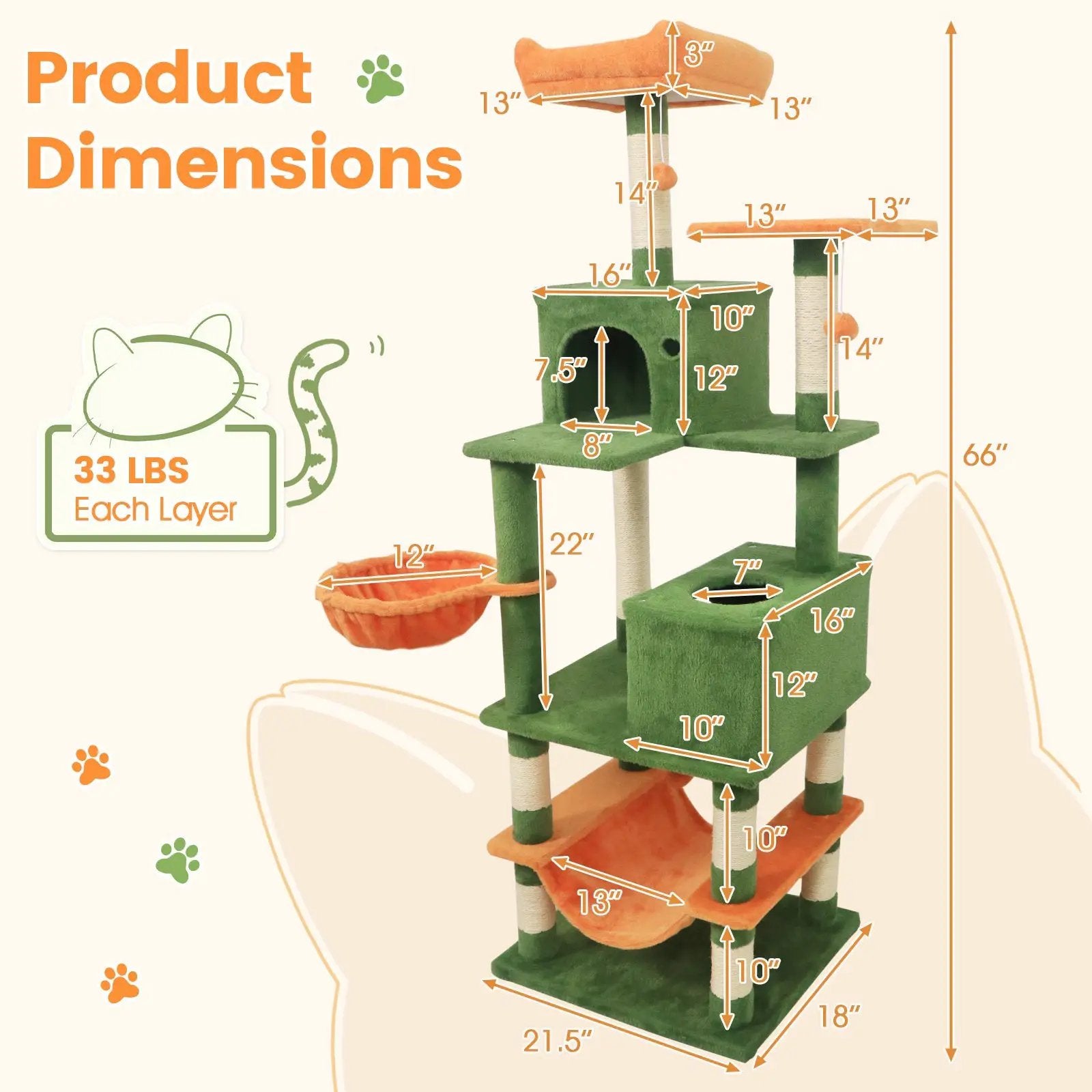 66 Inch Tall Cat Tree Multi-Level Cat Tower with 2 Condos Sisal Scratching Posts by DirectDeals