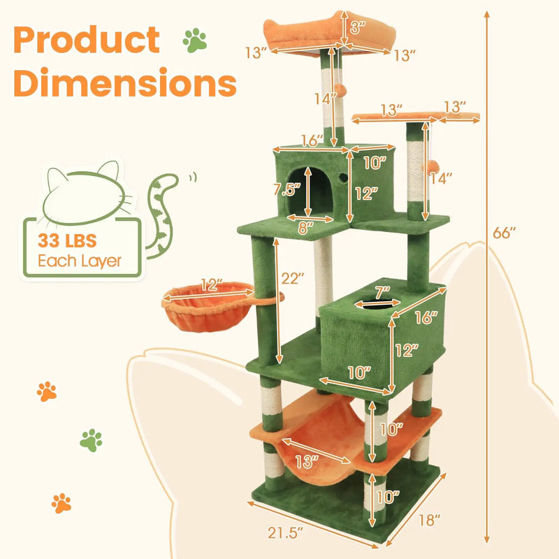 66 Inch Tall Cat Tree Multi-Level Cat Tower with 2 Condos Sisal Scratching Posts by DirectDeals