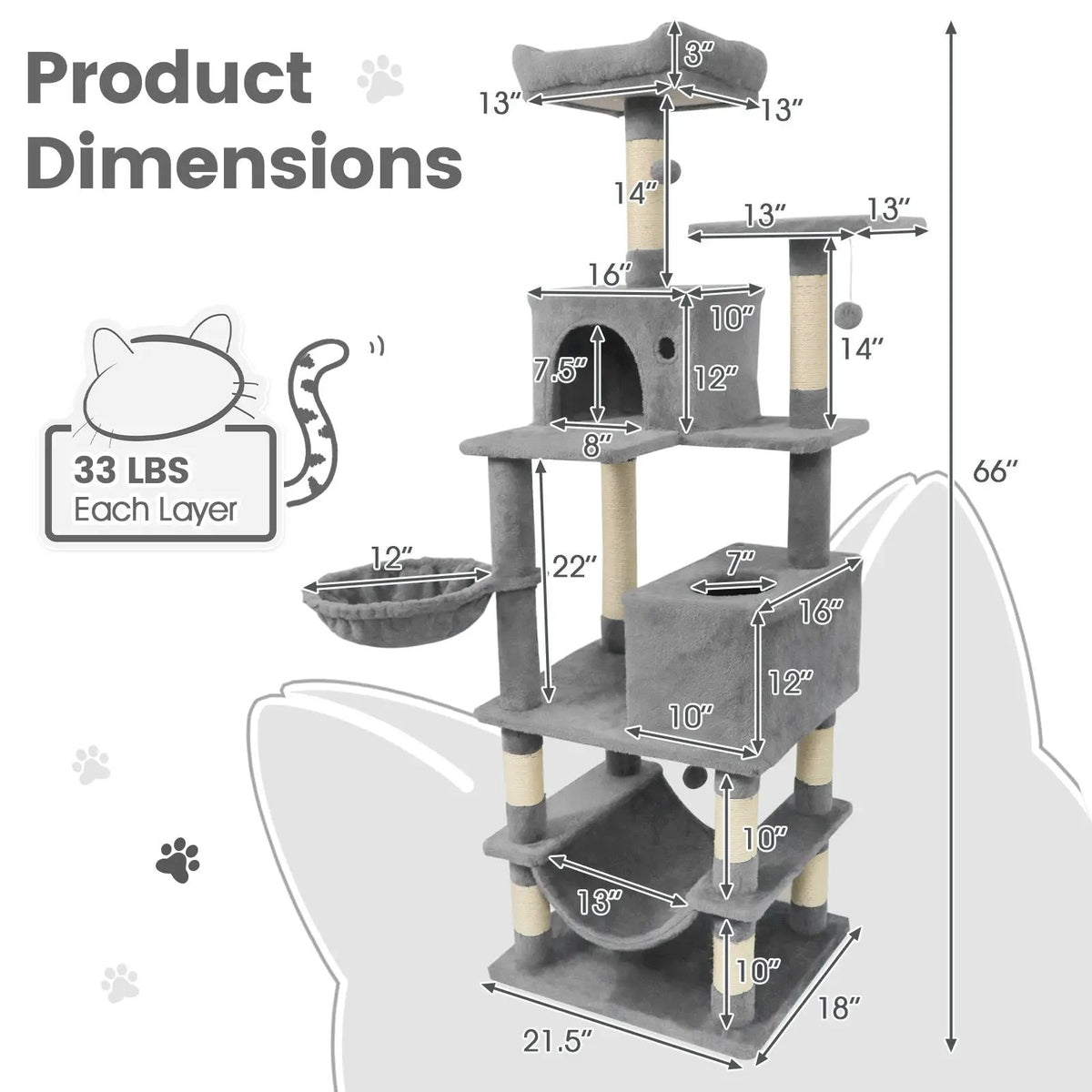 66 Inch Tall Cat Tree Multi-Level Cat Tower with 2 Condos Sisal Scratching Posts, photo 18 of 32