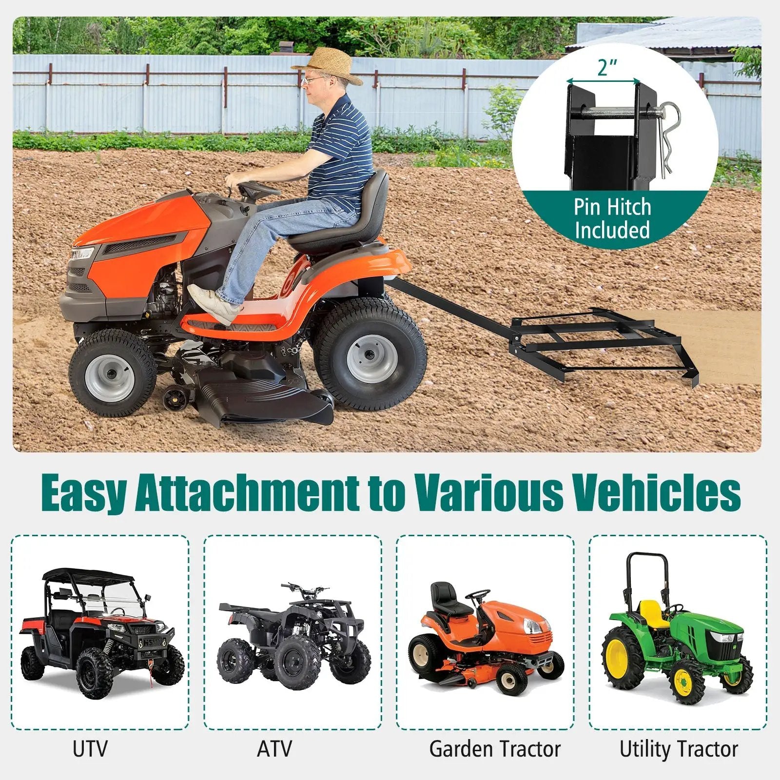 66" Wide Driveway Drag Tow Behind Landscape Leveling Rake with Reinforced Bars-Black by DirectDeals