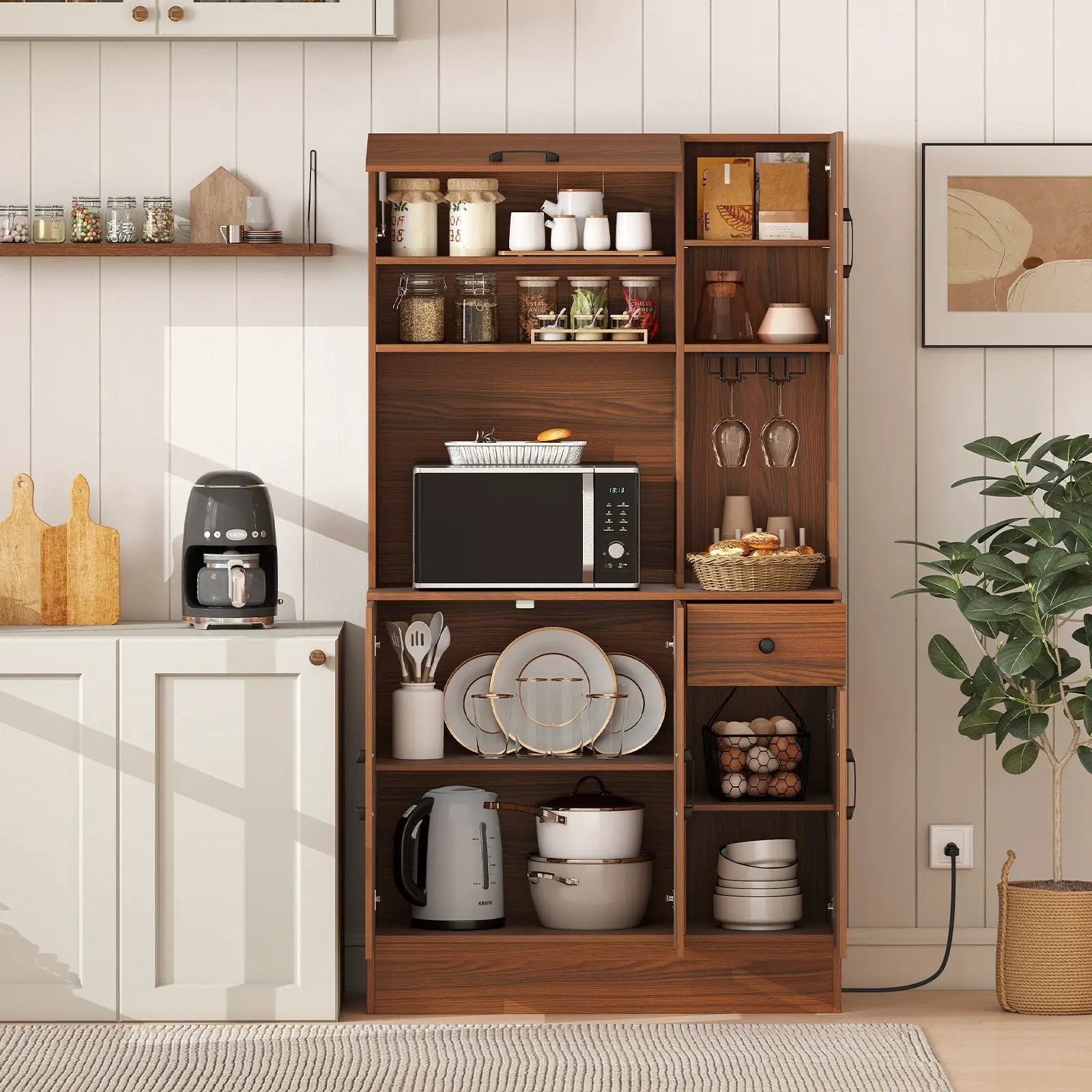 66 inch Pantry Cabinet with Charging Station and Microwave Stand-Brown by DirectDeals