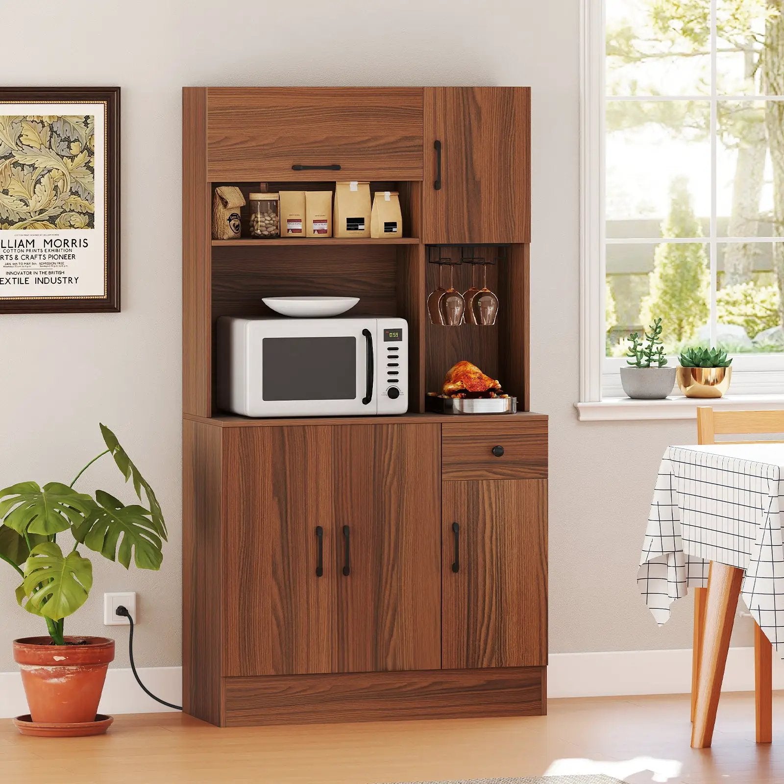 66 inch Pantry Cabinet with Charging Station and Microwave Stand-Brown by DirectDeals