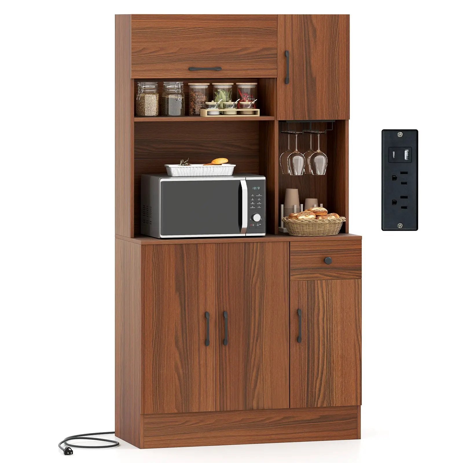 66 inch Pantry Cabinet with Charging Station and Microwave Stand-Brown by DirectDeals
