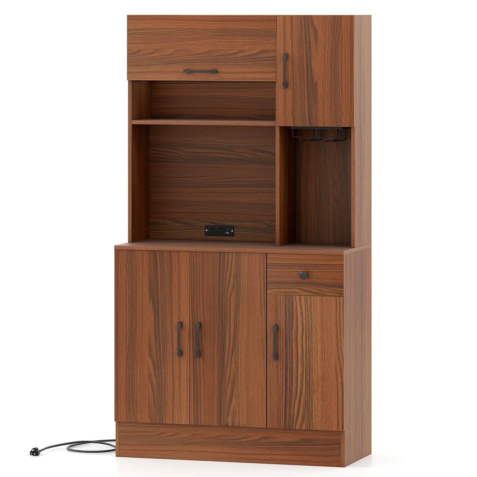 66 inch Pantry Cabinet with Charging Station and Microwave Stand-Brown by DirectDeals