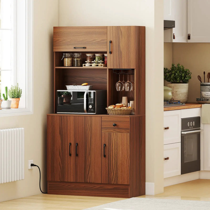 66 inch Pantry Cabinet with Charging Station and Microwave Stand-Brown by DirectDeals