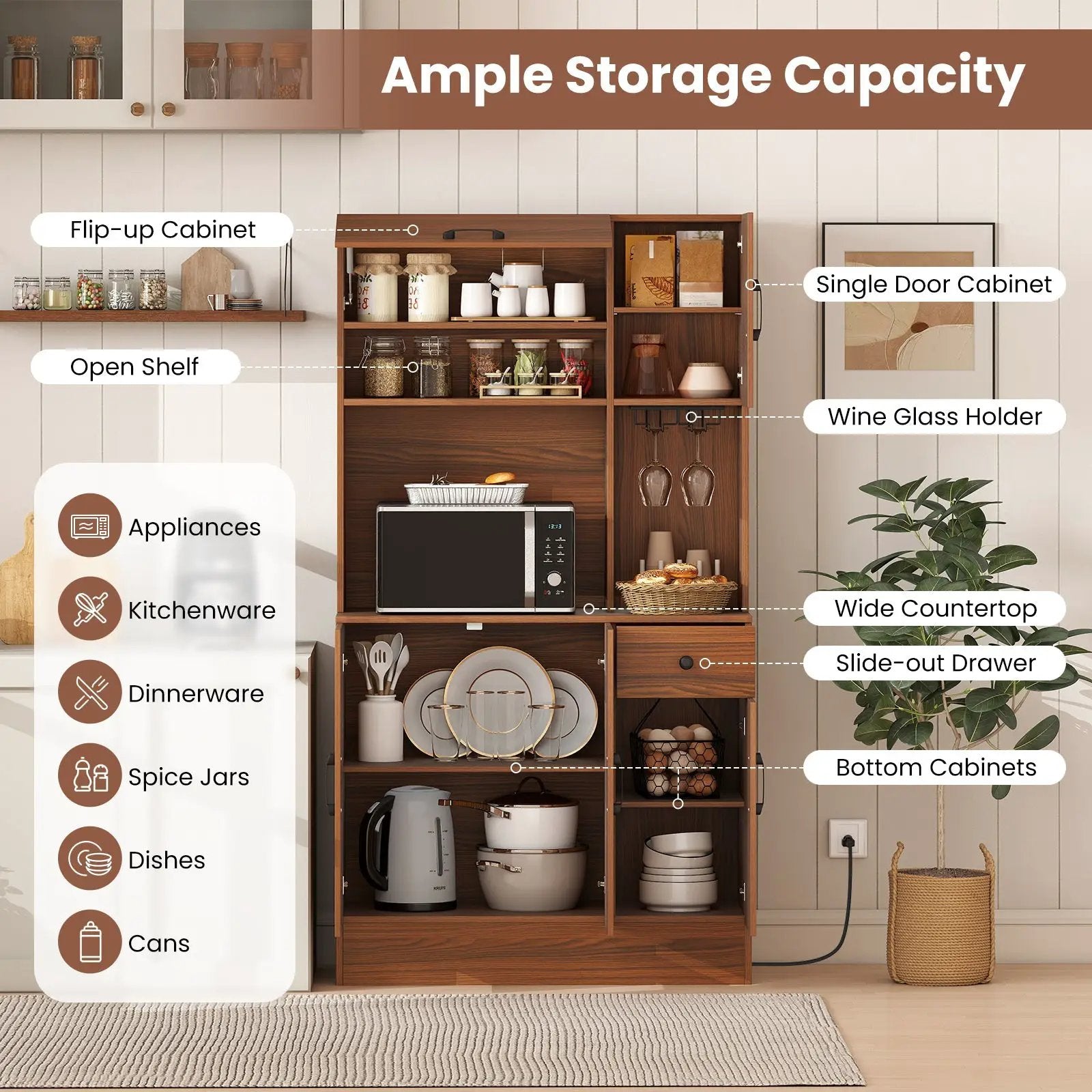 66 inch Pantry Cabinet with Charging Station and Microwave Stand-Brown by DirectDeals