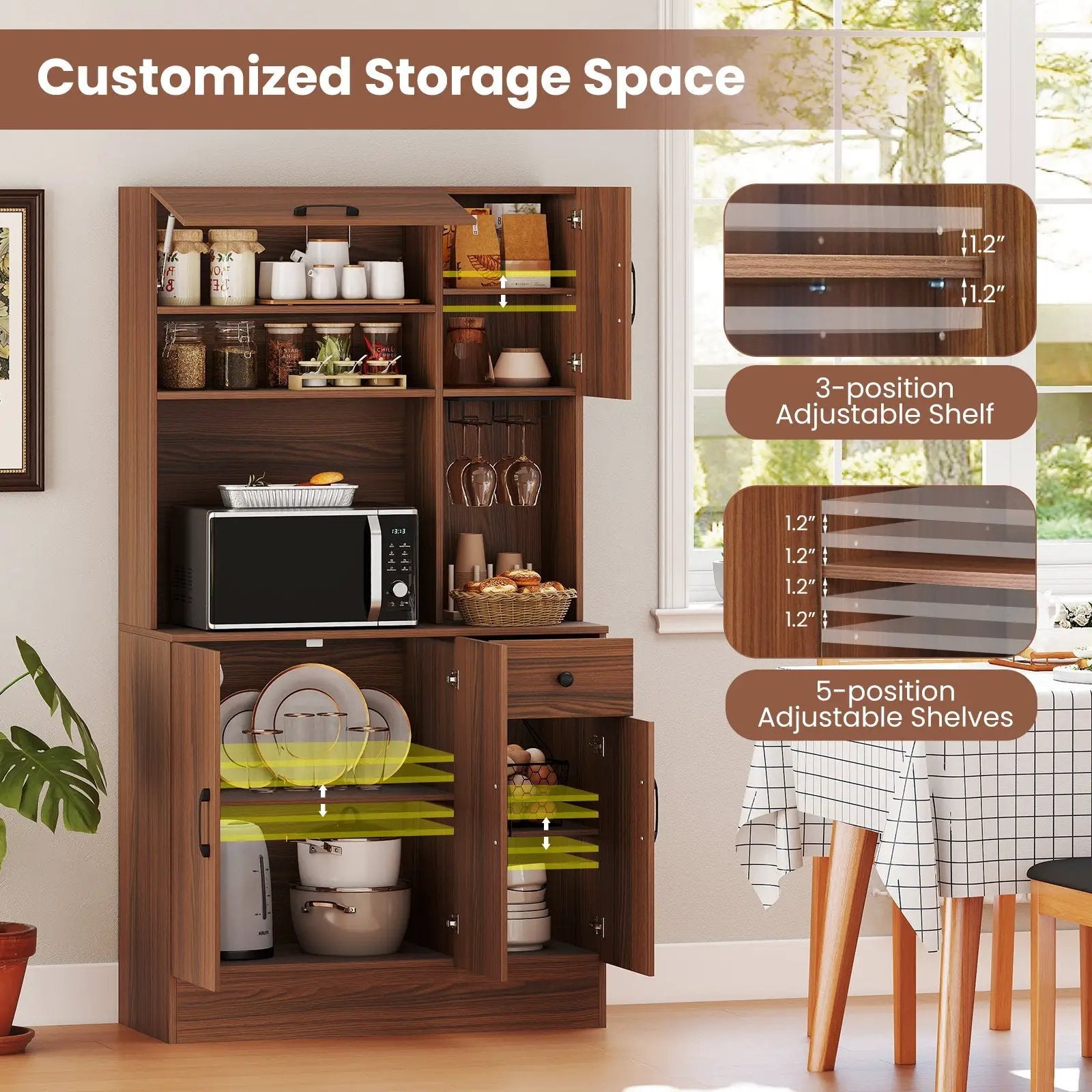 66 inch Pantry Cabinet with Charging Station and Microwave Stand-Brown by DirectDeals