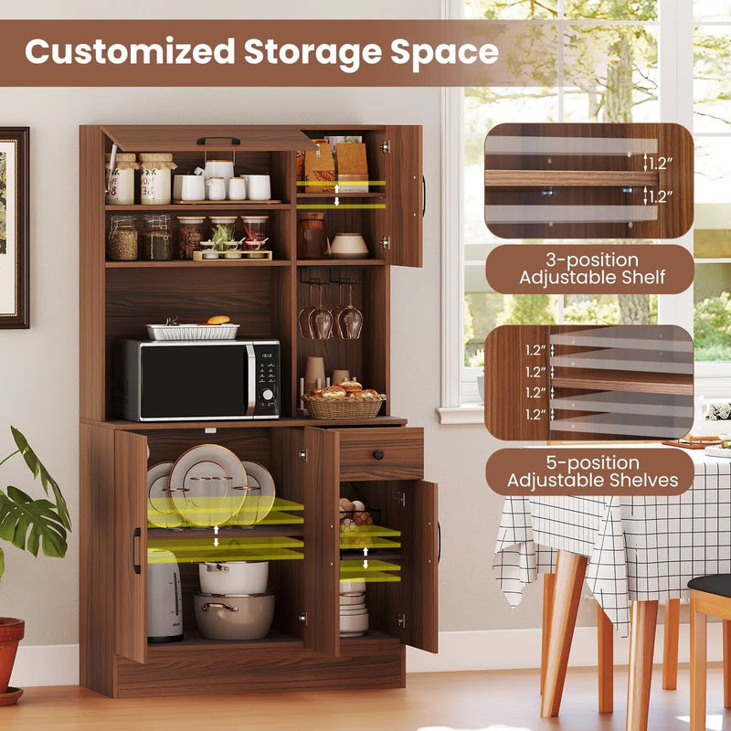 66 inch Pantry Cabinet with Charging Station and Microwave Stand-Brown by DirectDeals