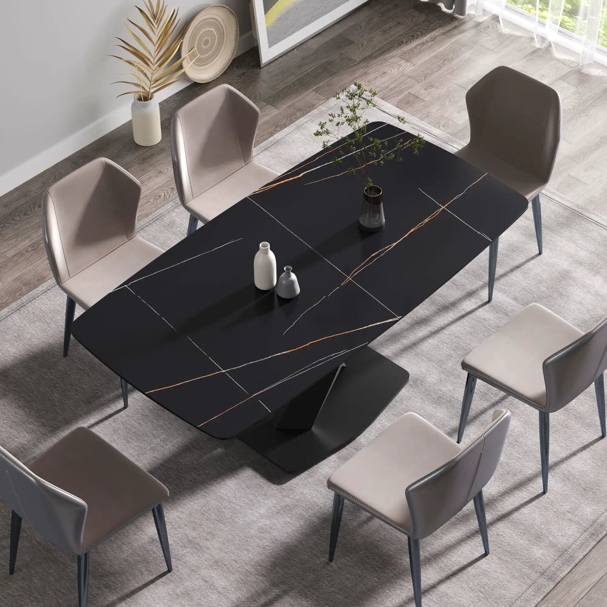 70.87" Modern Artificial Stone Black Curved Black Metal Leg Dining Table, Can Accommodate 6-8 People - Black by HouseOfZazla
