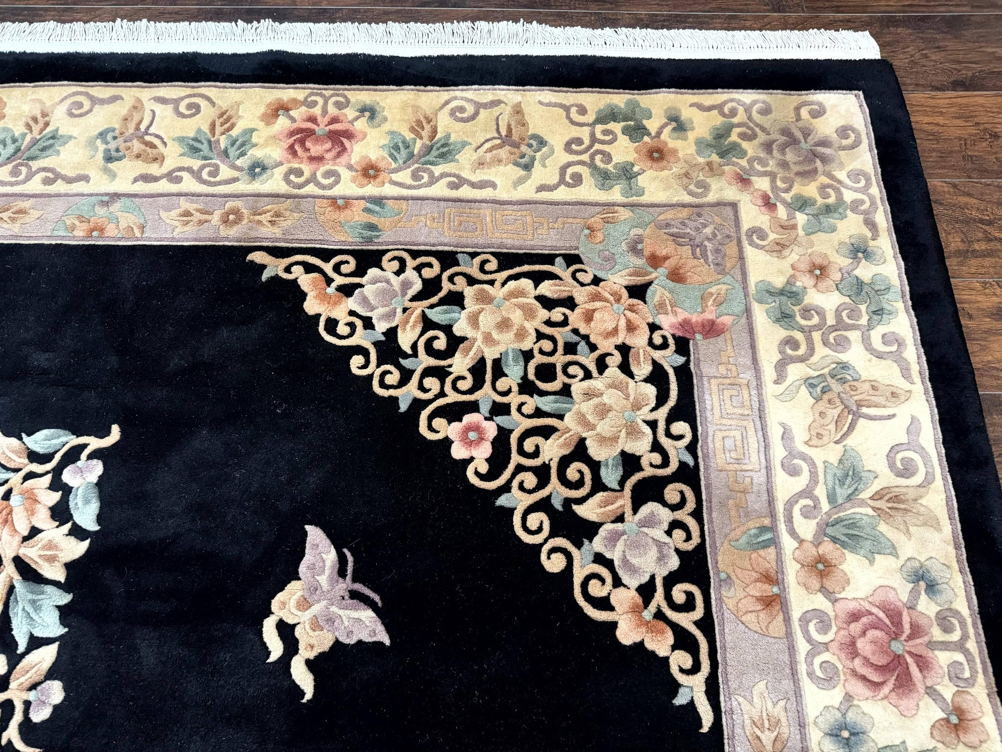 Chinese Wool Rug 9x12, Chinese Carving Carpet, Floral Medallion, Black and Beige, Butterflies, Vintage Asian Oriental Rug, 90 Line Rug by Jewel Rugs