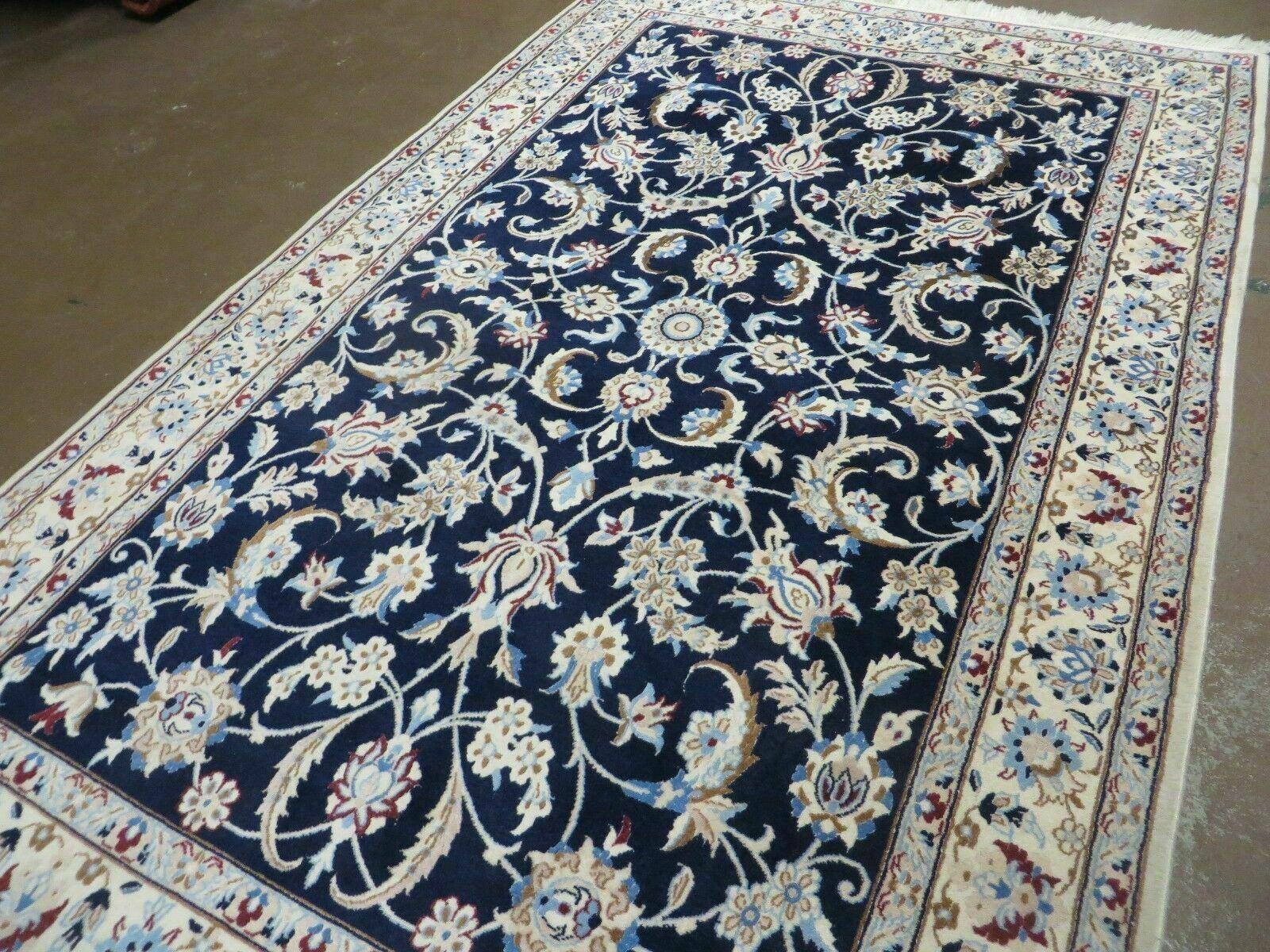 Persian Nain Rug 4x7, Navy Blue and Ivory, Handmade, Wool & Silk Highlights, Fine Oriental Rug, Vintage by Jewel Rugs