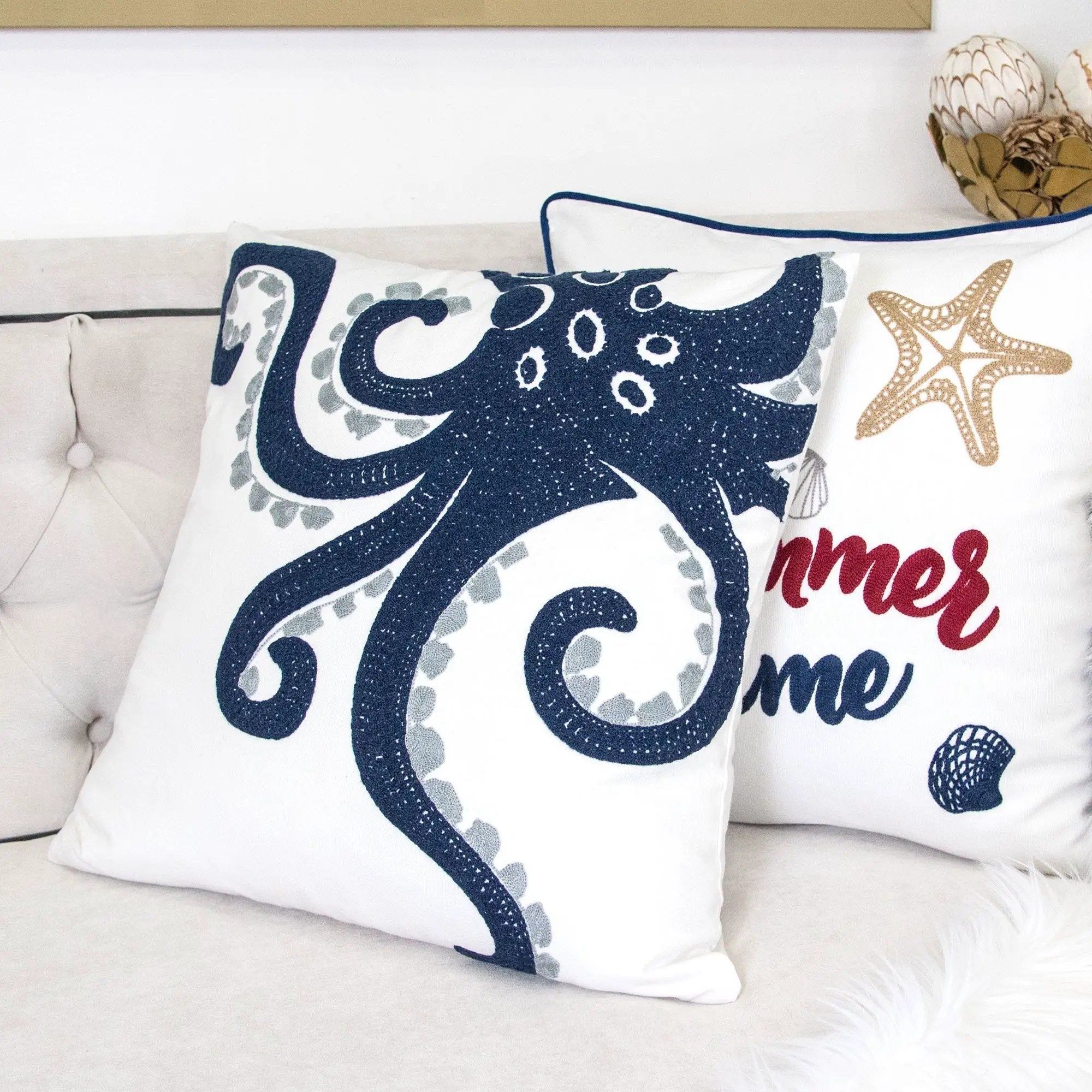 Octopus Patterned Pillow Cover With Matching Back - White by Unique Piece Furniture