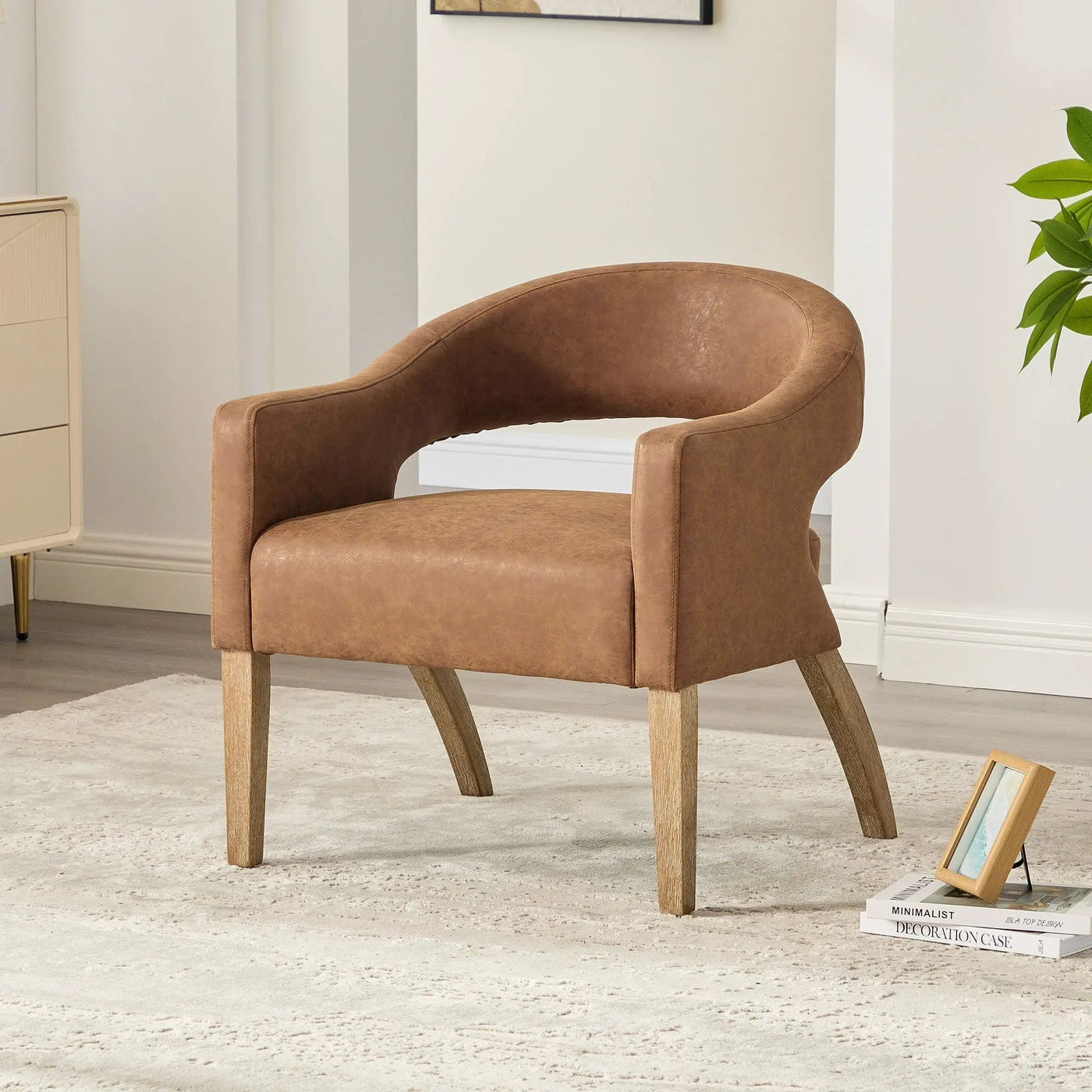 Upholstered Open Back Armchair With Weathered Rubberwood Legs by HouseOfZazla