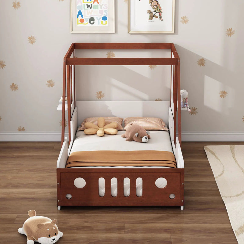 Fun Play Design Twin Size Car Bed, Kids Platform Bed In Car Shaped For Kids Boys Girls Teens - White / Orange by HouseOfZazla