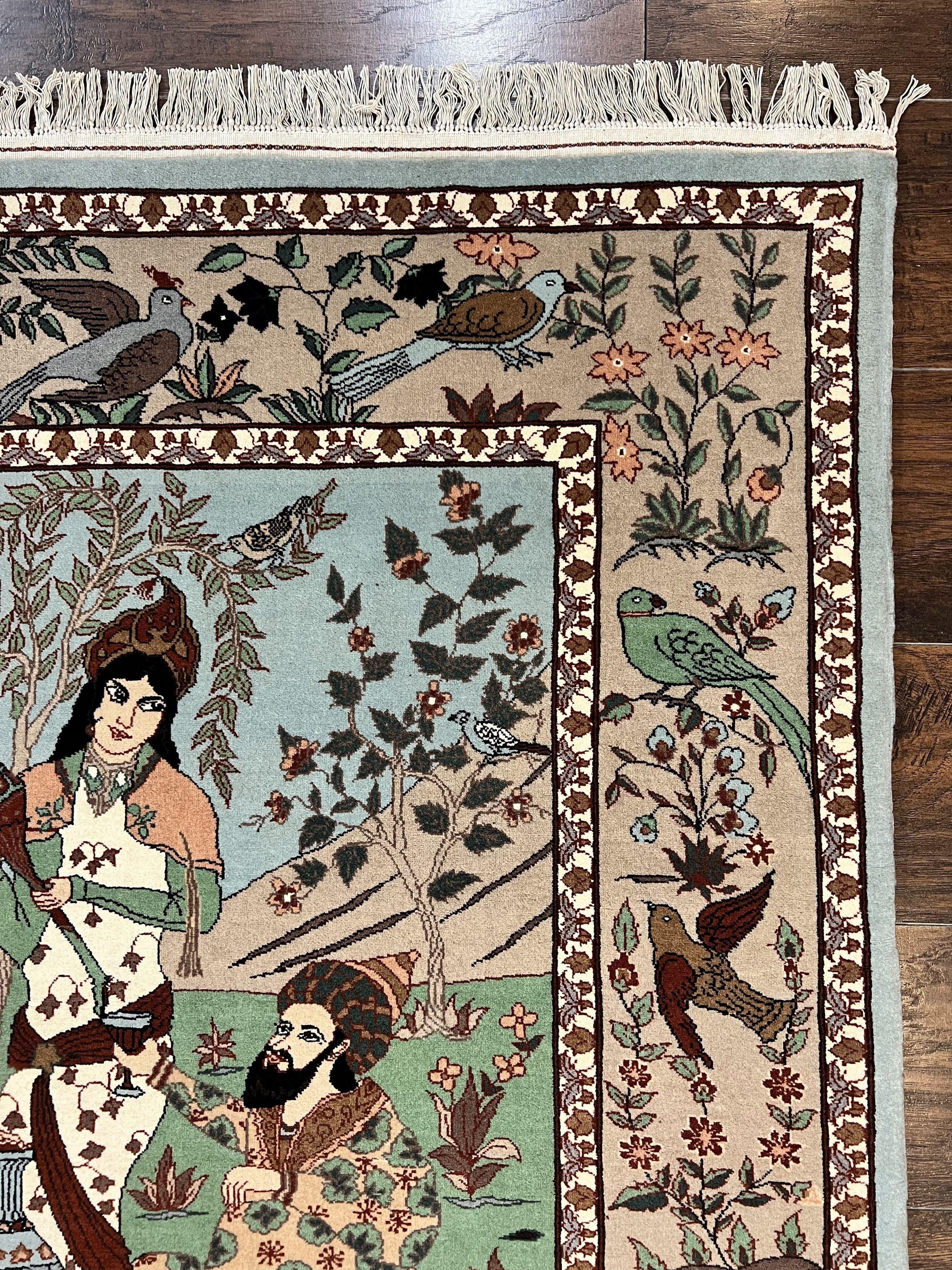 Indo Persian Pictorial Rug 4x7, Handmade Hand Knotted Wool Semi Antique Horizontal Carpet, Men & Women Drinking, Fine Rug, Bird Pictorials by Jewel Rugs