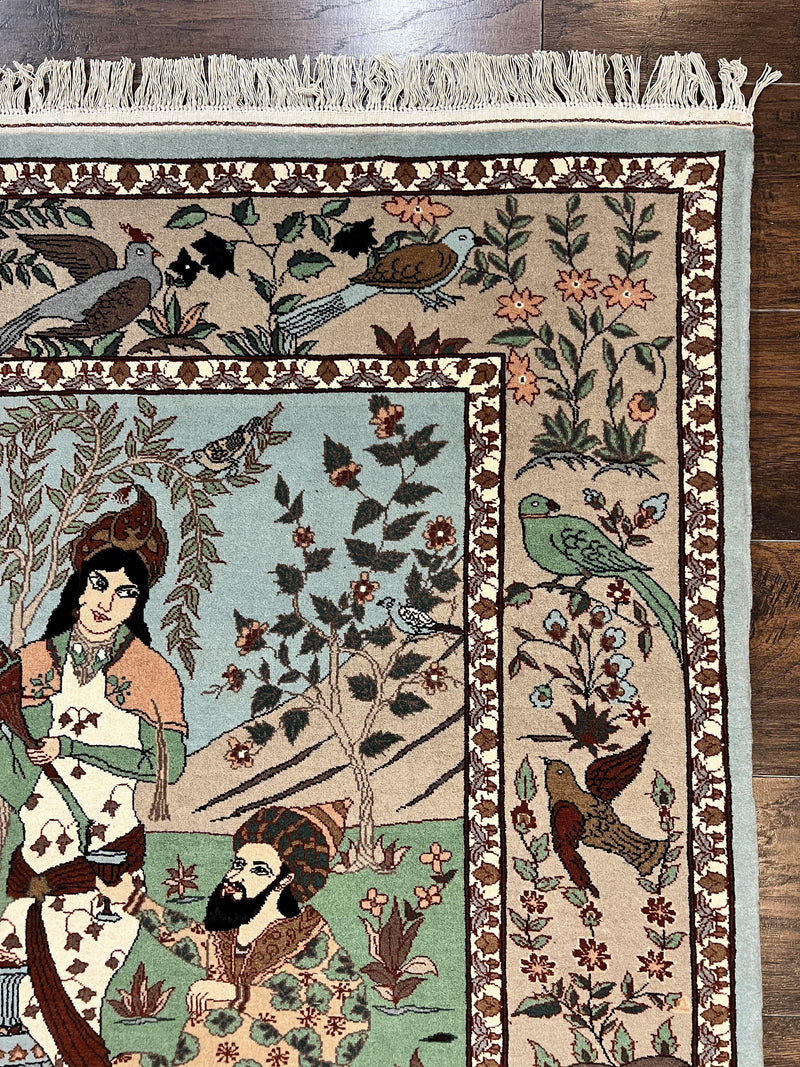 Indo Persian Pictorial Rug 4x7, Handmade Hand Knotted Wool Semi Antique Horizontal Carpet, Men & Women Drinking, Fine Rug, Bird Pictorials by Jewel Rugs