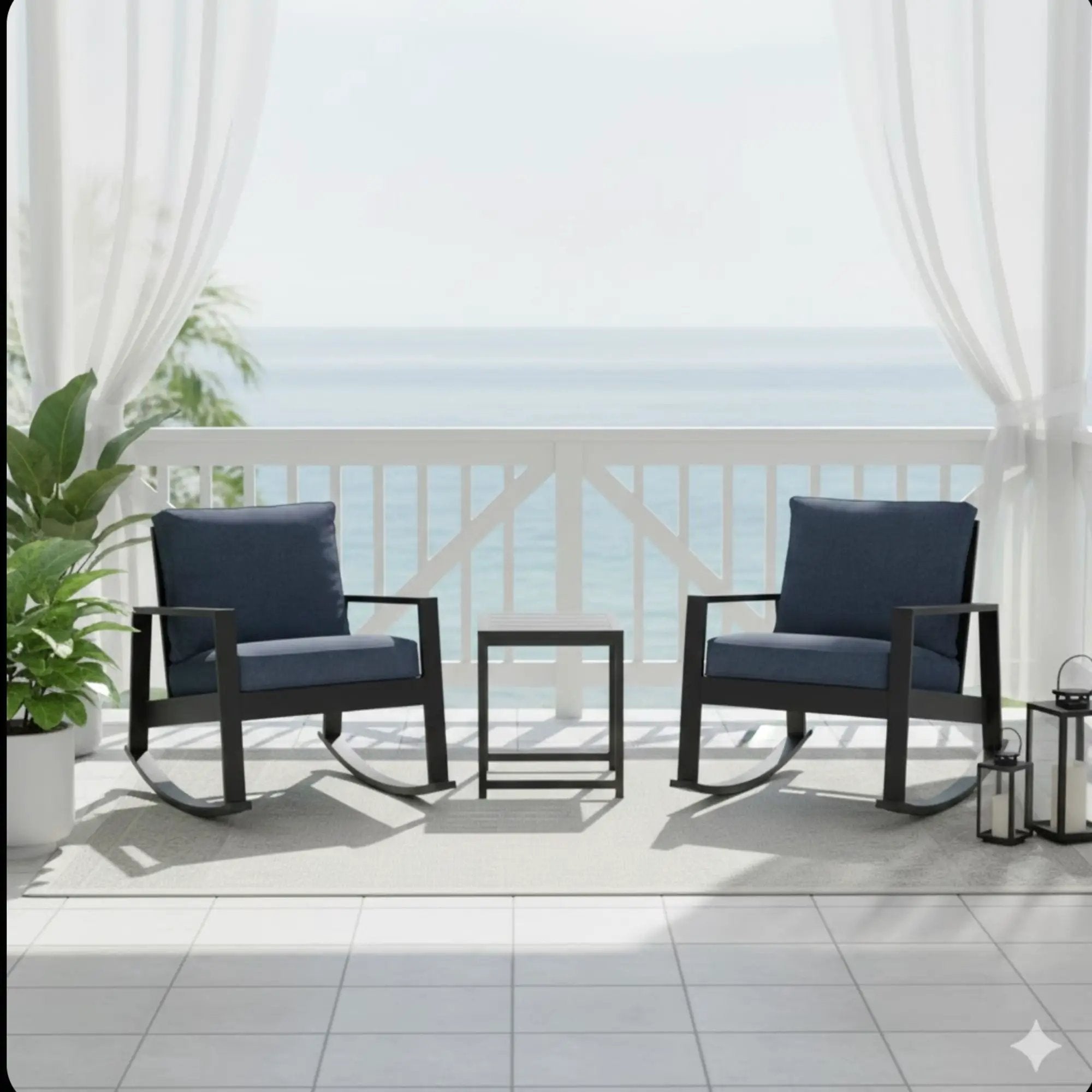 Outdoor Rocking Bistro Set Of 3, Oversized Rocking Chairs With Cushions And Side Table - Black / Blue by HouseOfZazla