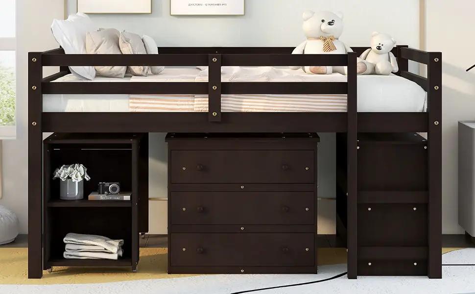 Loft Low Study Bed With Cabinet, Shelves And Rolling Portable Desk, Multiple Functions by HouseOfZazla