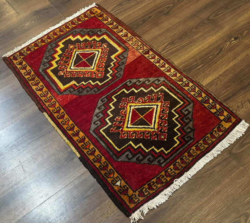 Small Antique Turkish Yastik Rug 2x3, Double Medallions, Geometric, Red, Wool by Jewel Rugs