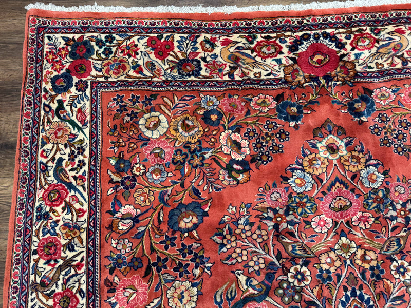 Persian Sarouk Rug 7x10, Red and Ivory, Floral Bouquets, Birds by Jewel Rugs