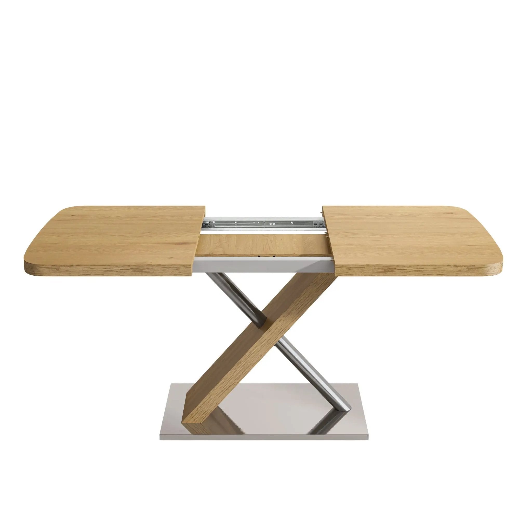 Retractable Square Dining Table, Seating 4 - 6 People, Cross Base With Stainless Steel Tubing, Expandable - Natural by Unique Piece Furniture